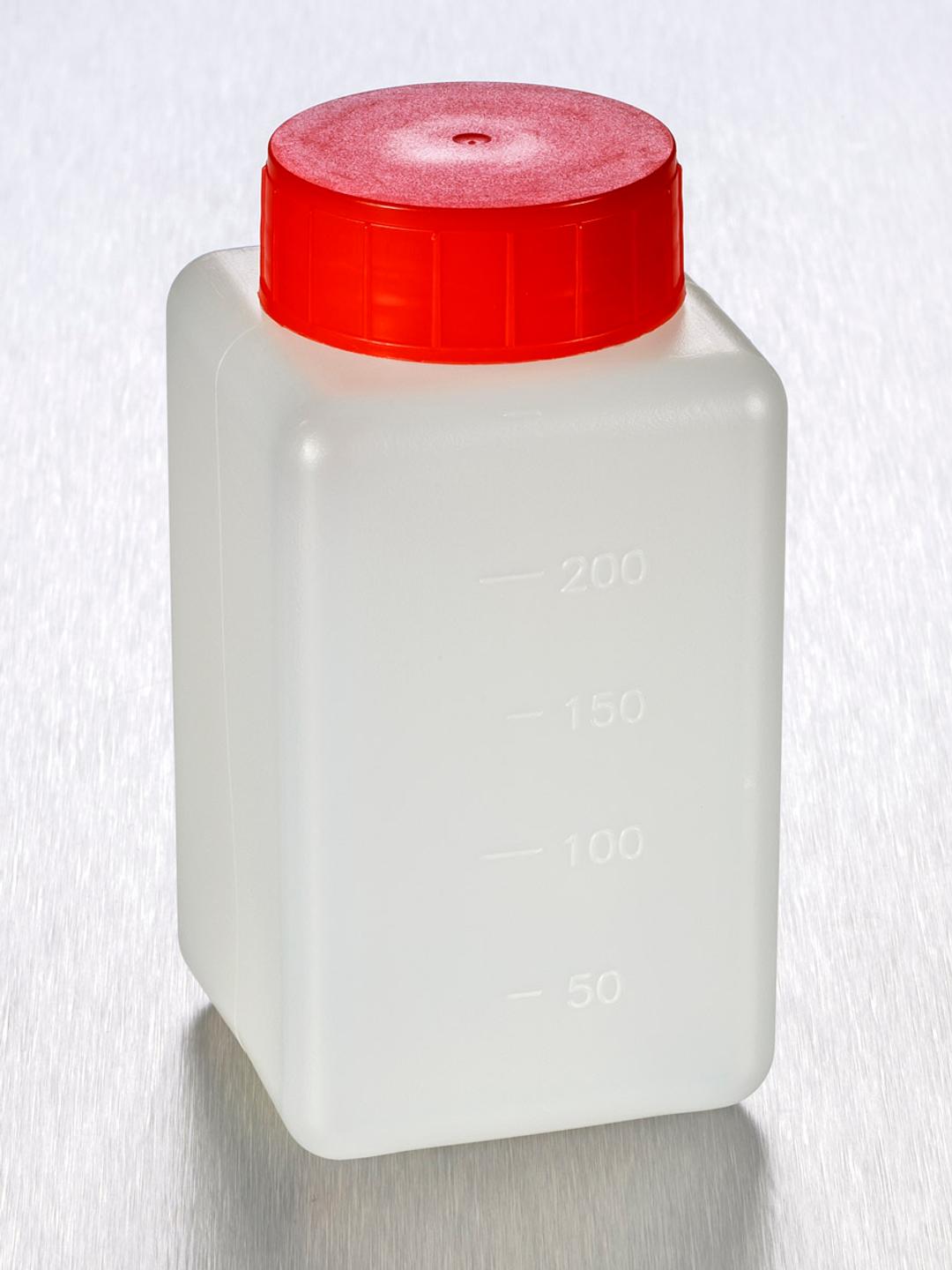 Corning® Gosselin™ Square HDPE Bottle, 250 mL, Graduated, 37 mm Red Cap with Wad, Assembled, 210/Case - Corning Life Sciences