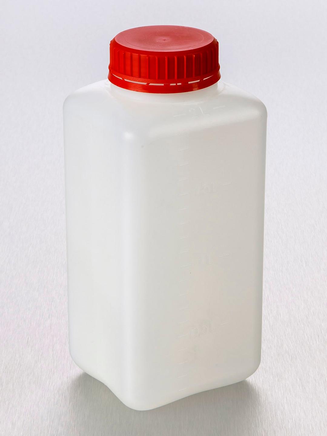 Corning® Gosselin™ Square HDPE Bottle, 2 L, Graduated, 58 mm Red Tamper-evident Cap with Wad, Non-assembled, 50/Case - Corning Life Sciences