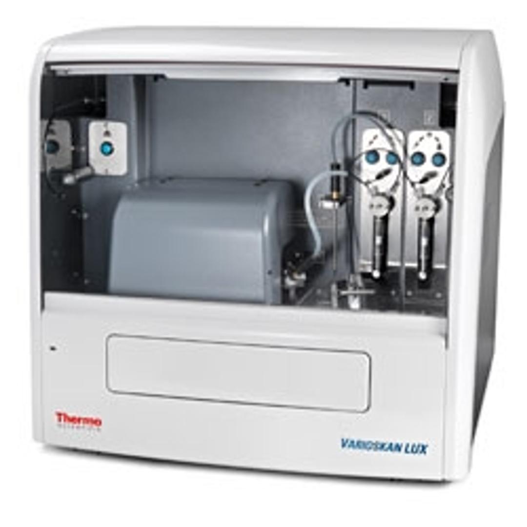 Varioskan LUX with front open showing dispensers and modules