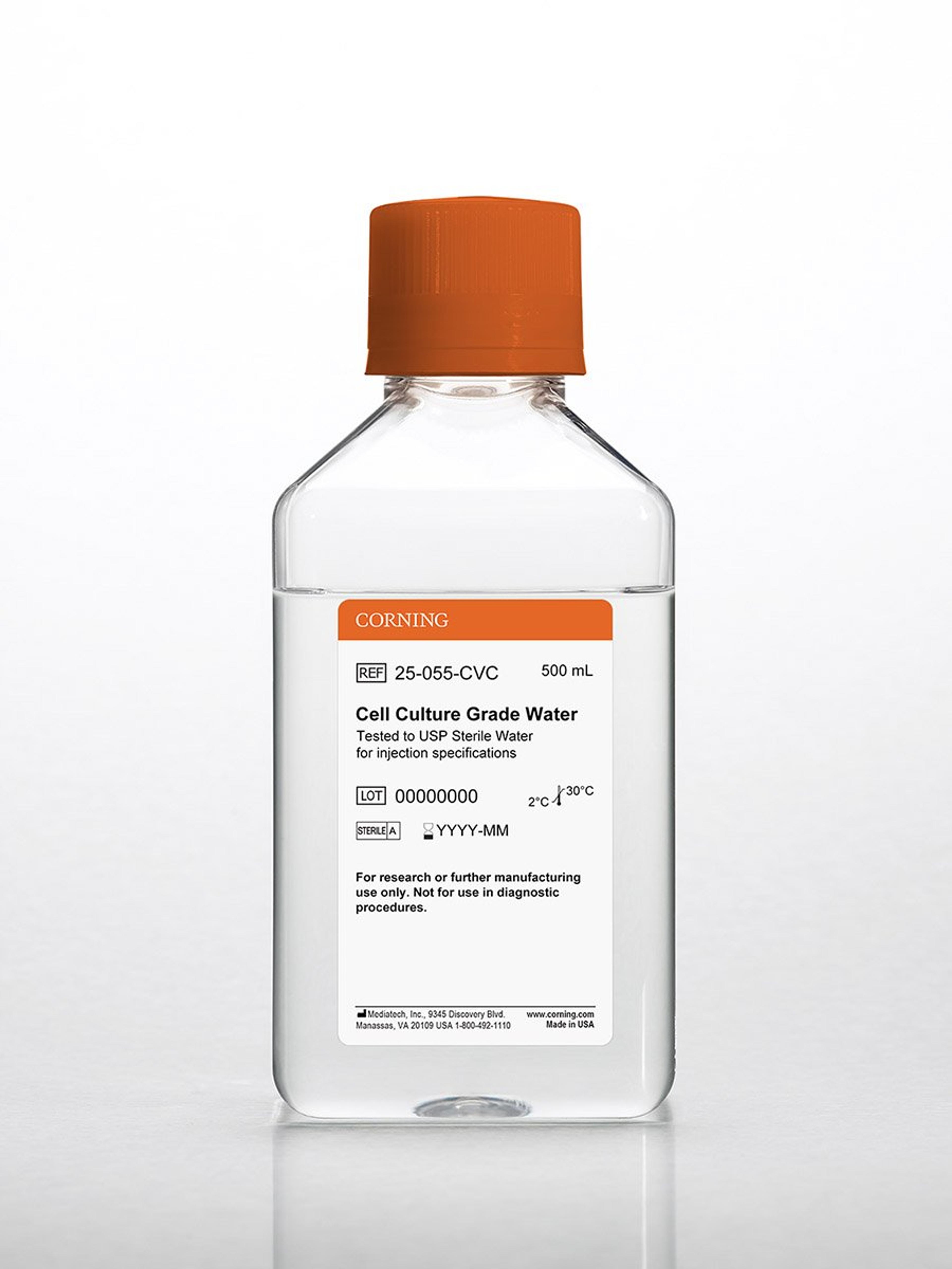 Corning® 500 mL Cell Culture Grade Water Tested to USP Sterile Water for Injection Specifications, [+] Septum Cap - Corning Life Sciences