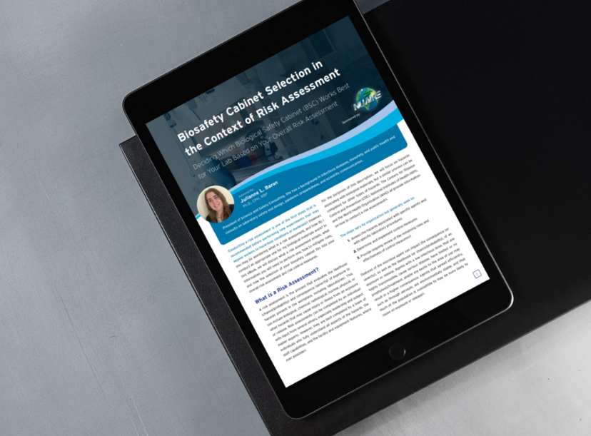 Tablet showing pdf image of Biosafety Cabinet Selection in the Context of Risk Assessment asset