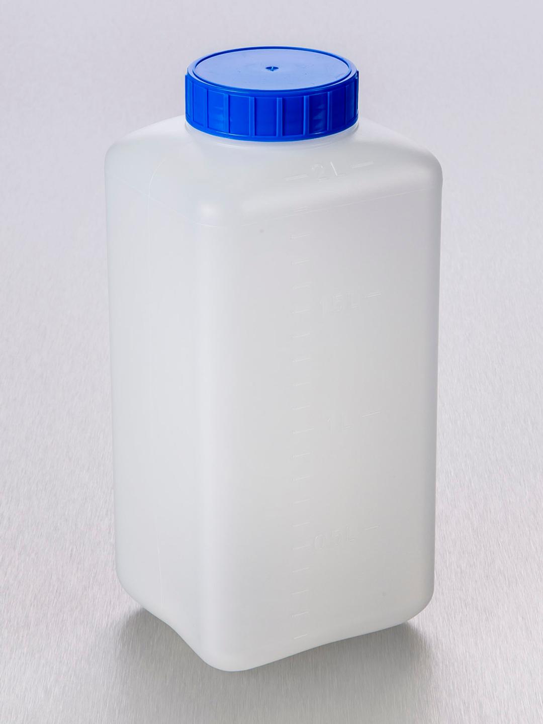 Corning® Gosselin™ Square HDPE Bottle, 2 L, Graduated, 58 mm Blue Cap with Seal, Assembled, Sterile, 50/Case - Corning Life Sciences