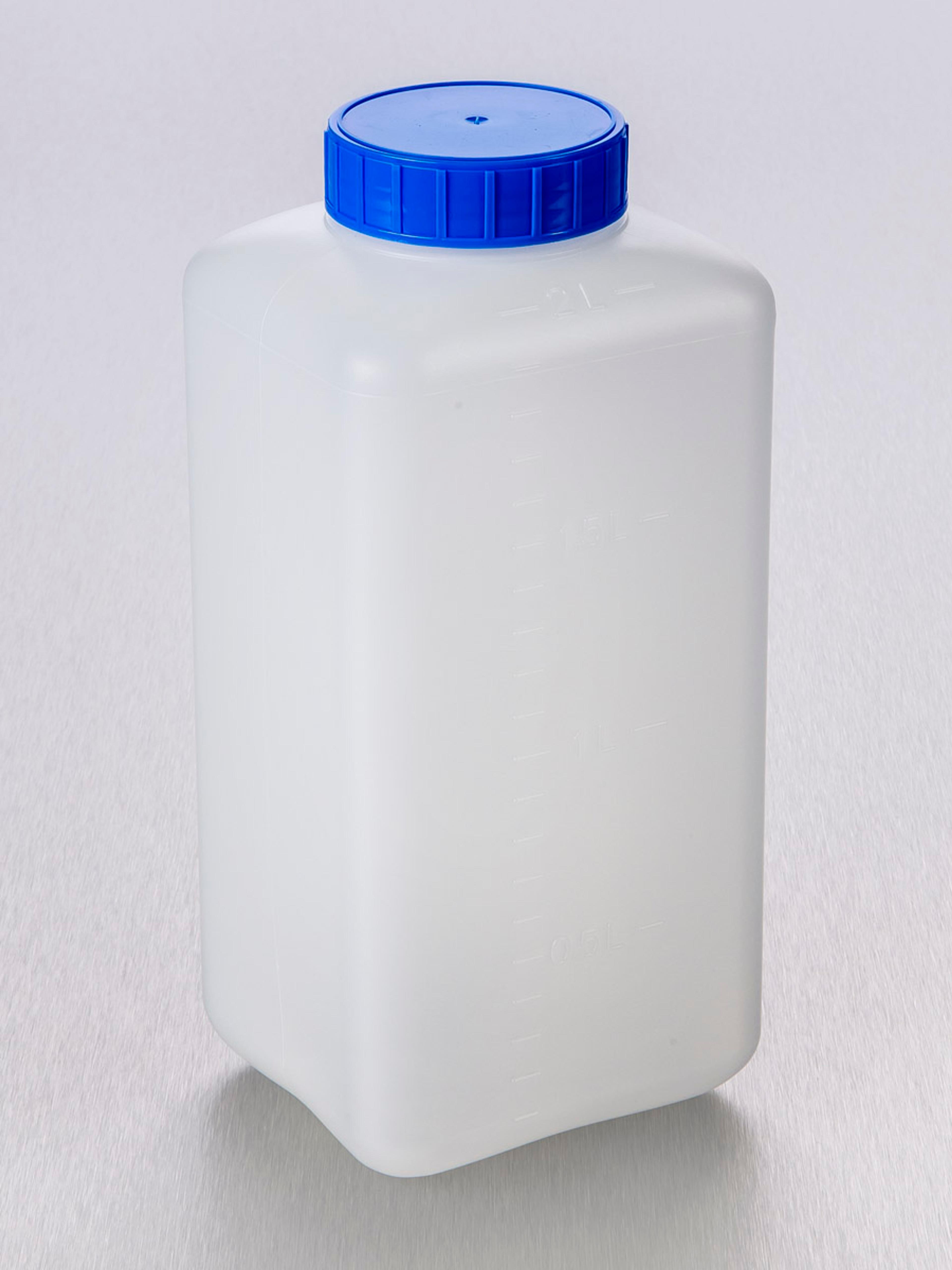 Corning® Gosselin™ Square HDPE Bottle, 2 L, Graduated, 58 mm Blue Cap with Seal, Assembled, Sterile, 50/Case - Corning Life Sciences
