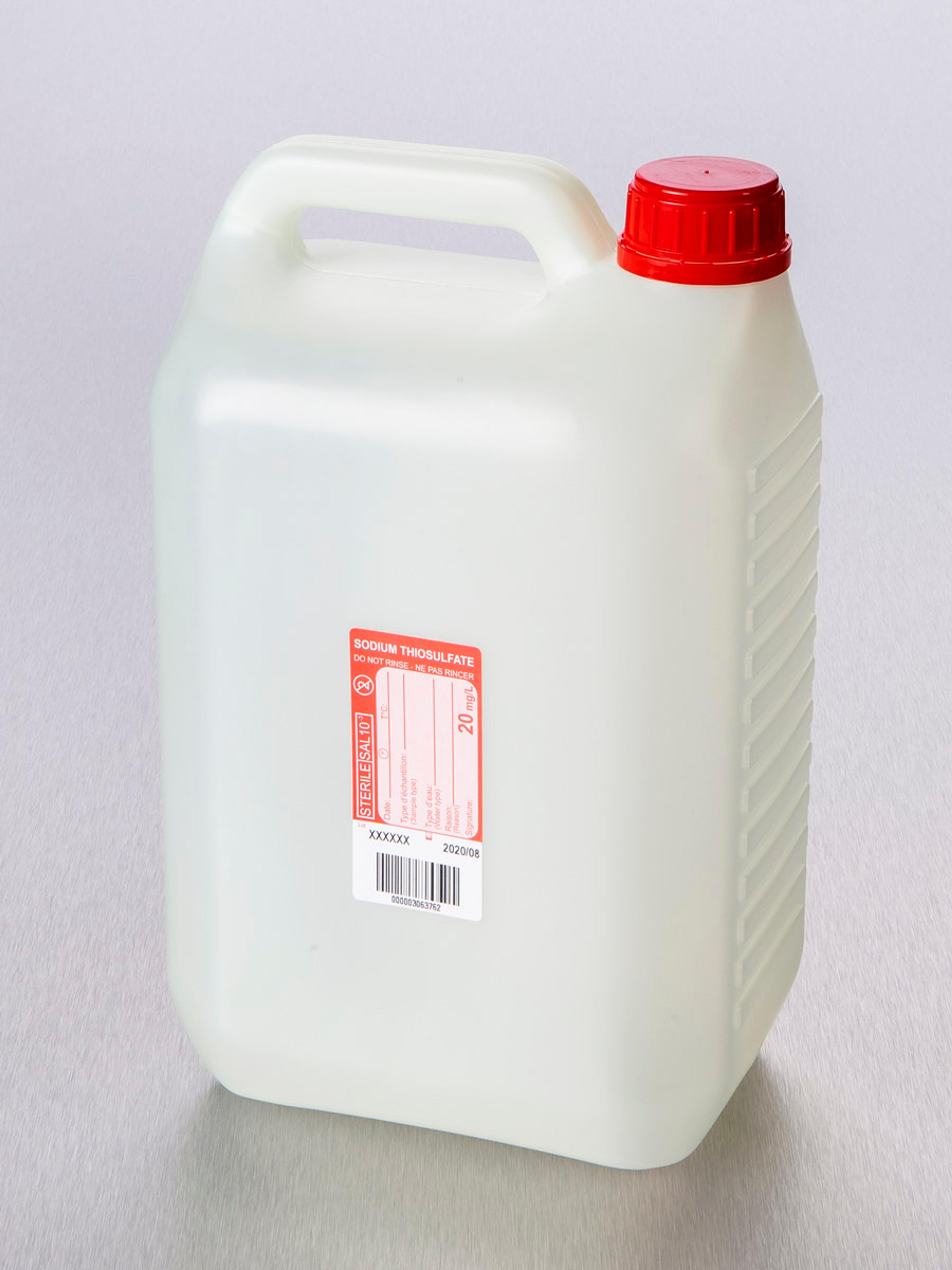 Corning® Gosselin™ Water Sampling Jerrycan, 5 L, HDPE, 20 mg/L Sodium Thiosulfate, 32 mm Red Tamper-evident Cap, Sterile, 18/Case - Corning Life Sciences