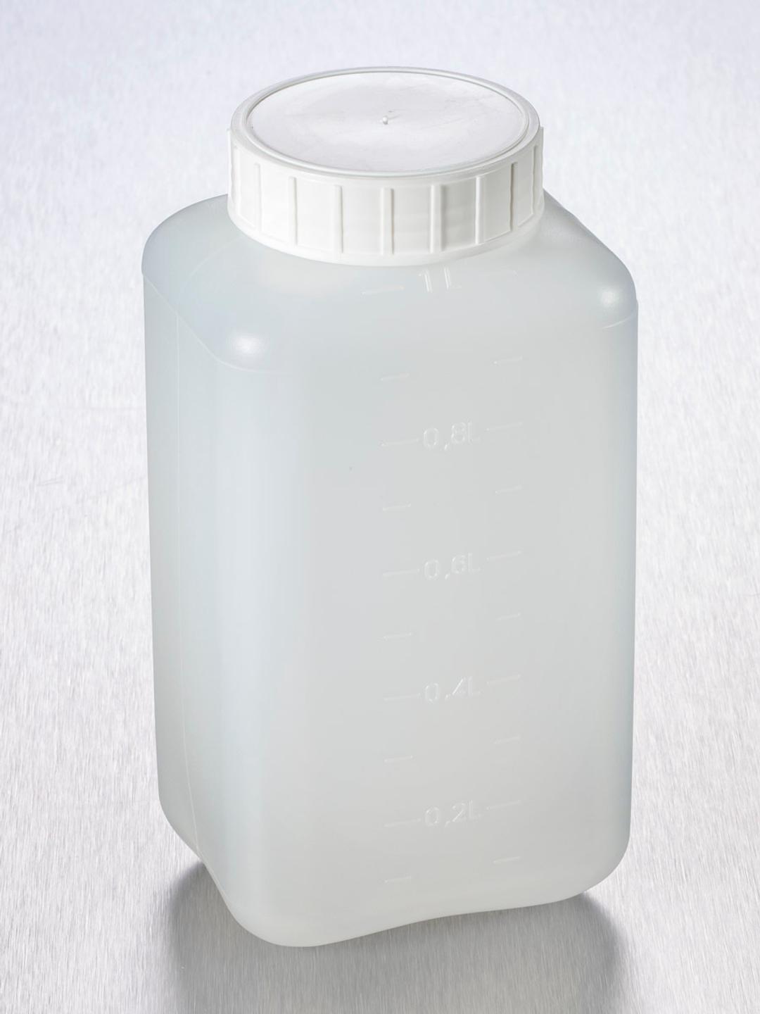 Corning® Gosselin™ Square HDPE Bottle, 1 L, Graduated, 58 mm White Cap with Seal, Assembled, 90/Case - Corning Life Sciences