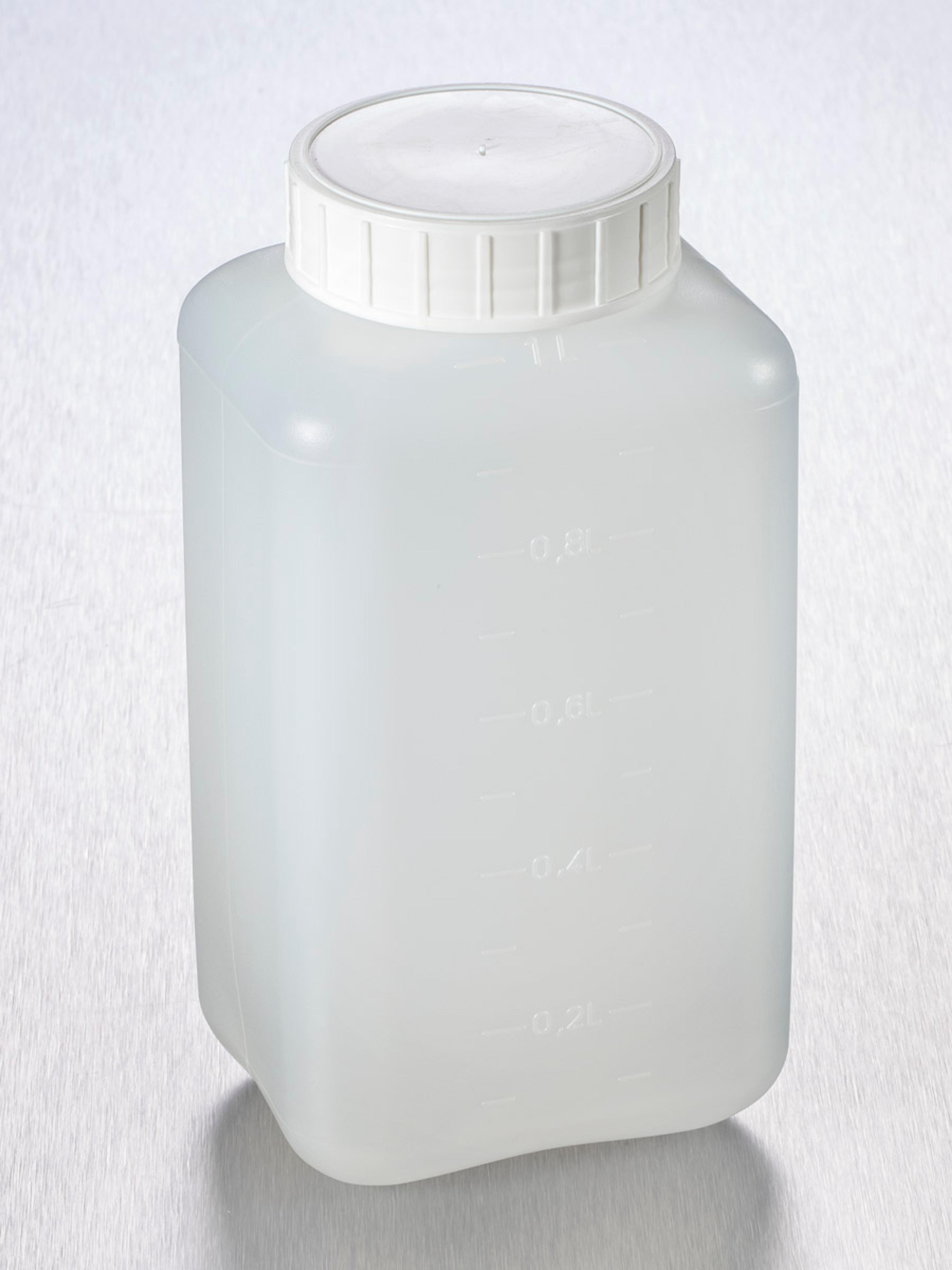 Corning® Gosselin™ Square HDPE Bottle, 1 L, Graduated, 58 mm White Cap with Seal, Assembled, Sterile, 90/Case - Corning Life Sciences