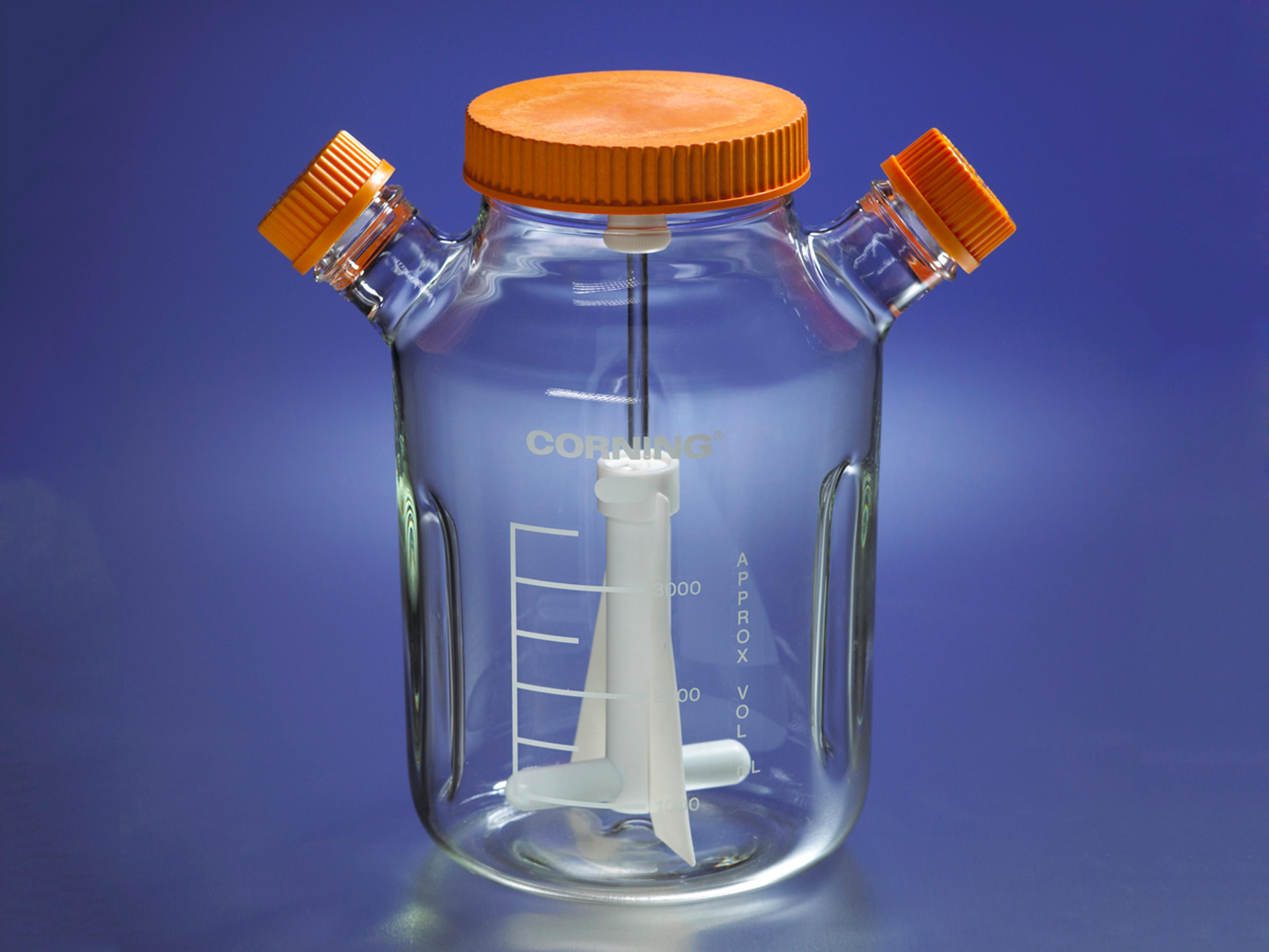 15L Corning® Reusable Glass Spinner Flask with 120 mm Flat Center Cap and 2 Angled Sidearms - Corning Life Sciences - General Lab