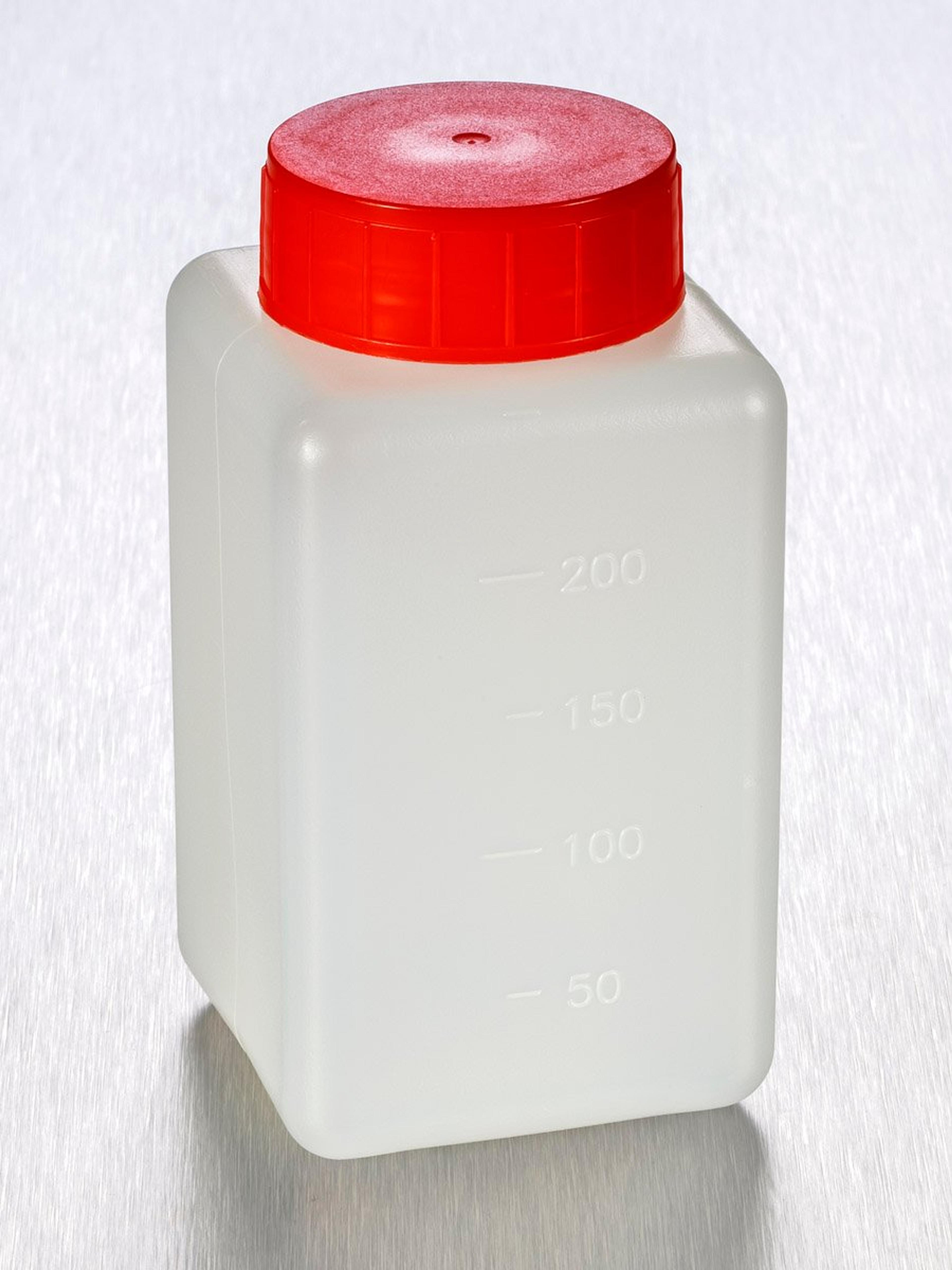 Corning® Gosselin™ Square HDPE Bottle, 250 mL, Graduated, 37 mm Red Cap with Seal, Assembled, Sterile, 210/Case - Corning Life Sciences