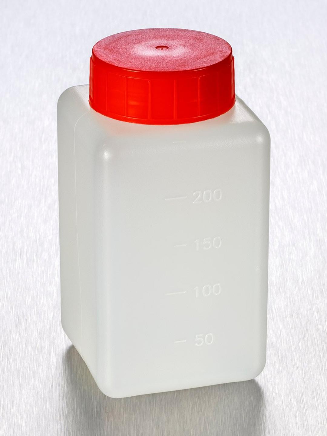 Corning® Gosselin™ Square HDPE Bottle, 250 mL, Graduated, 37 mm Red Cap with Seal, Assembled, Sterile, 210/Case - Corning Life Sciences