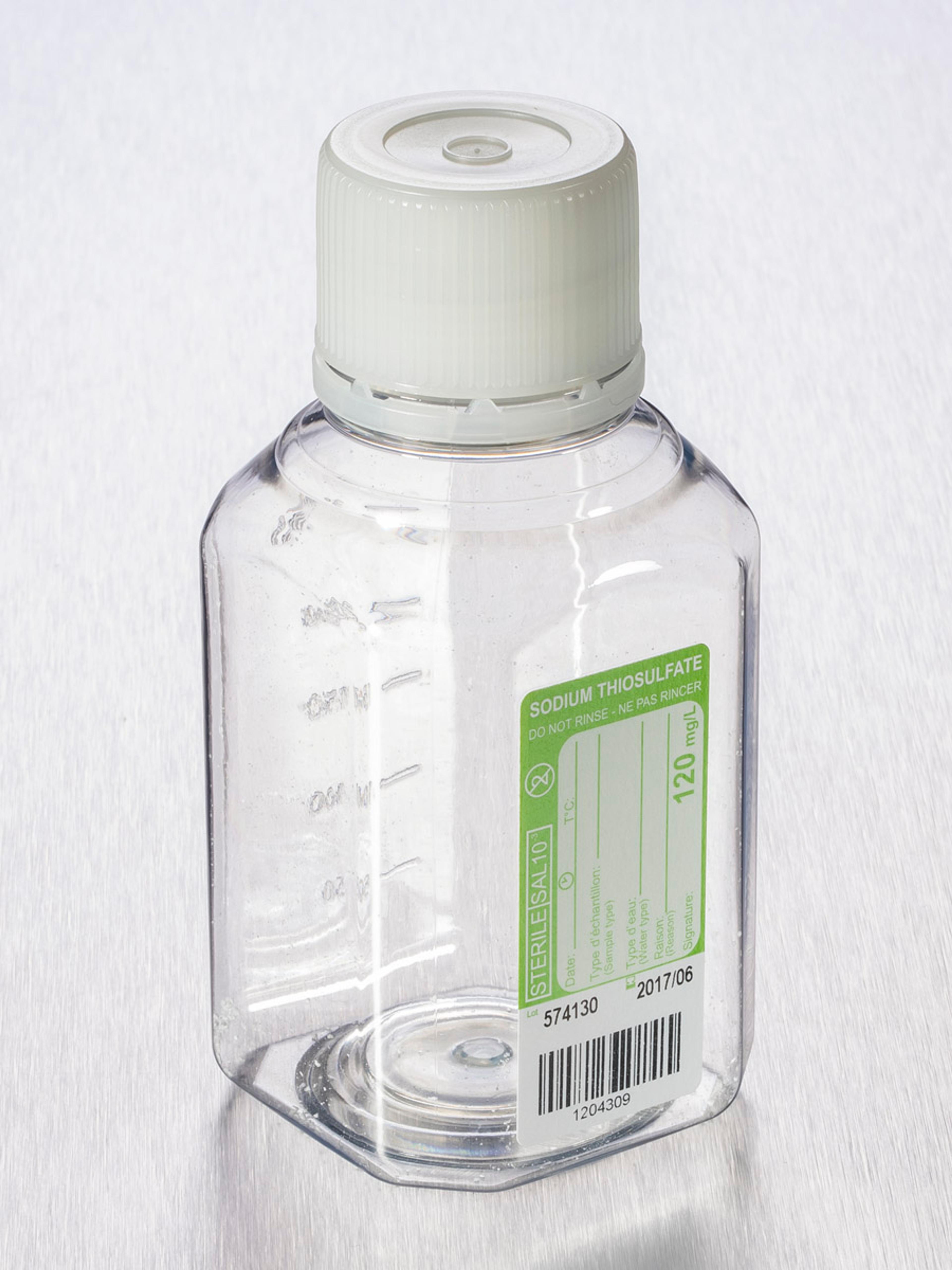Corning® Gosselin™ Water Sampling Octagonal PET Bottle, 250 mL, Graduated, 120 mg/L Sodium Thiosulfate, 31 mm Tamper-evident Cap, Sterile, 24/Pack, 144/Case - Corning Life Sciences