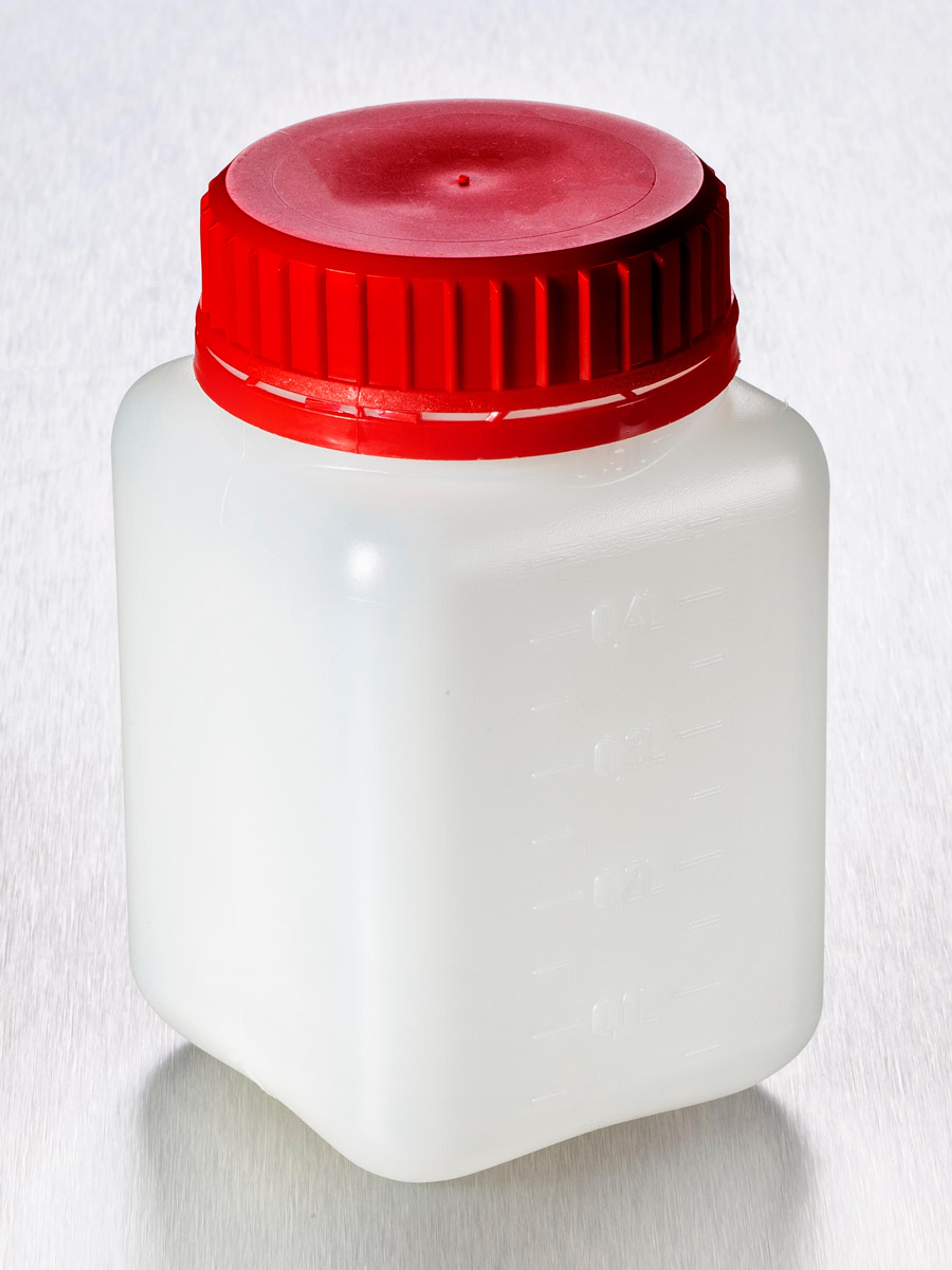Corning® Gosselin™ Square HDPE Bottle, 500 mL, Graduated, 55 mm Red Tamper-evident Cap with Wad, Non-assembled, 140/Case - Corning Life Sciences