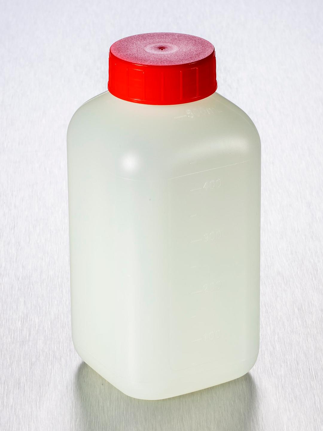 Corning® Gosselin™ Square HDPE Bottle, 500 mL, Graduated, 37 mm Red Cap with Wad, Assembled, Sterile, 100/Case - Corning Life Sciences
