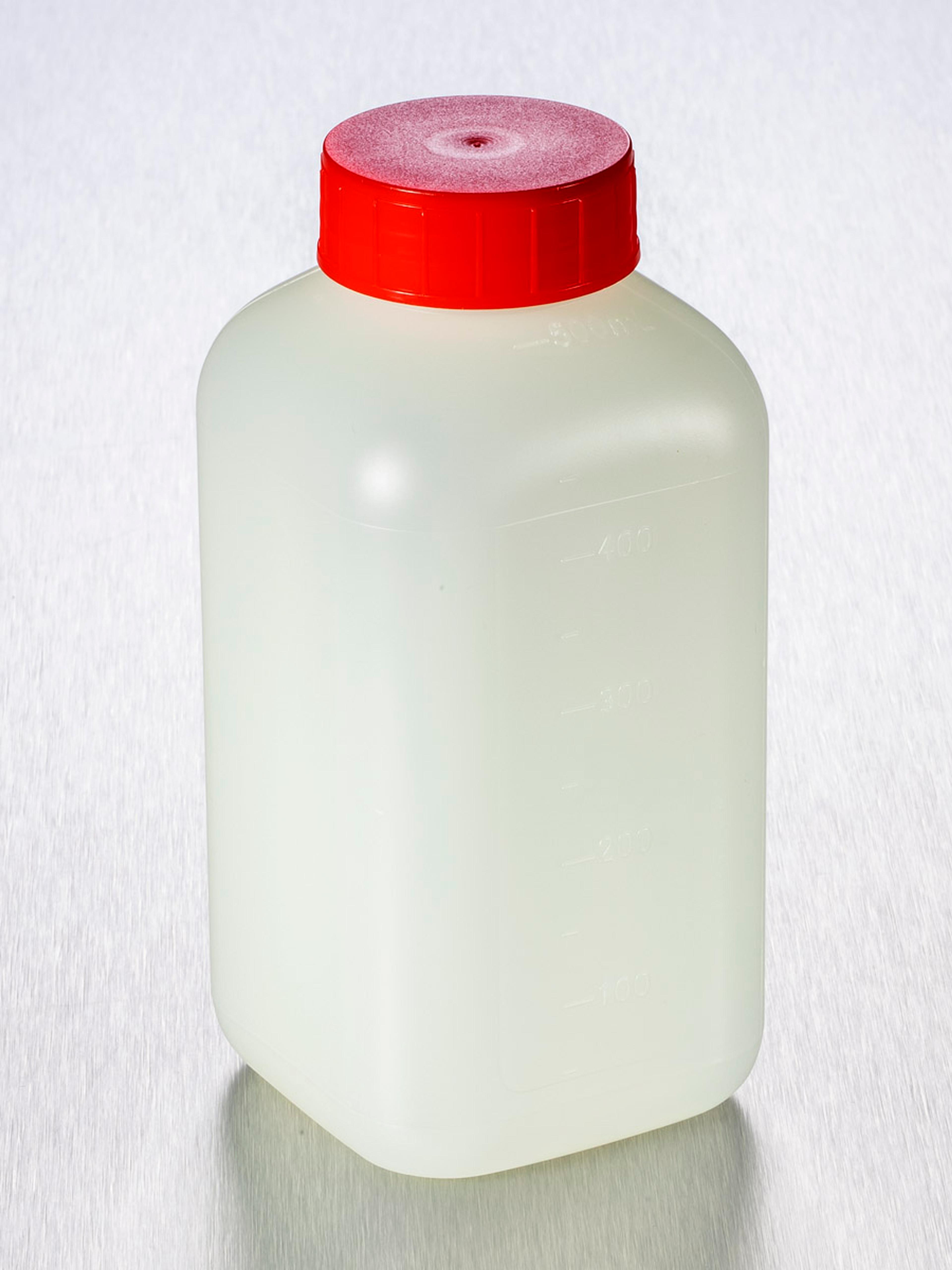 Corning® Gosselin™ Square HDPE Bottle, 500 mL, Graduated, 37 mm Red Cap with Wad, Assembled, Sterile, 100/Case - Corning Life Sciences