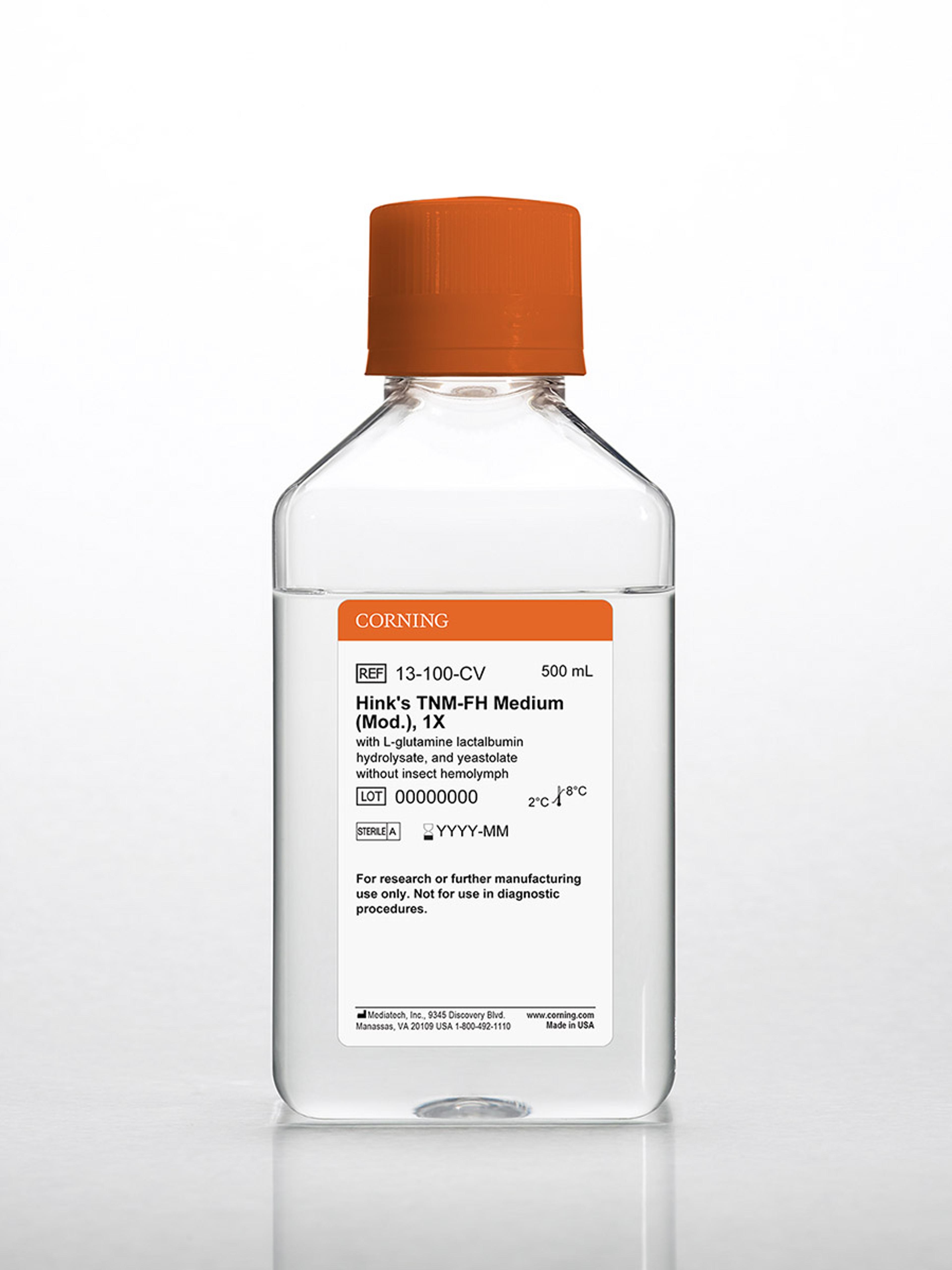 Corning® 500 mL Hink's TNM-FH Medium [+] L-glutamine lactalbumin hydrolysate, and yeastolate, [-] insect hemolymph - Corning Life Sciences