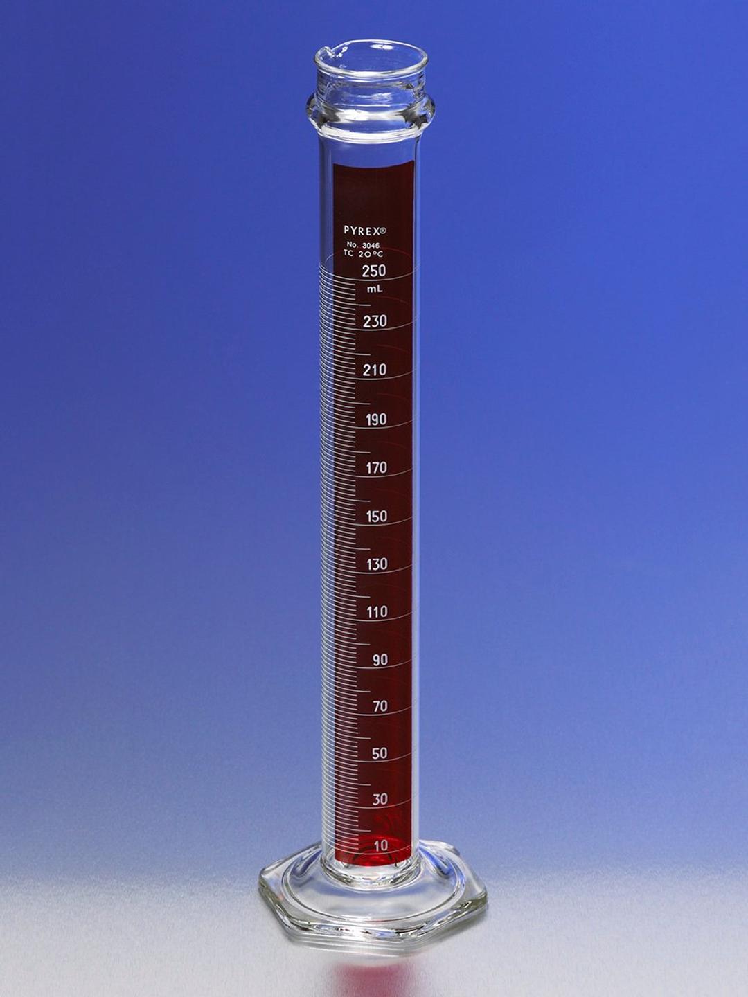PYREX® 250 mL Single Metric Scale Cylinders, Reinforced Glass Bead, Lifetime Red™, TC - Corning Life Sciences - General Lab