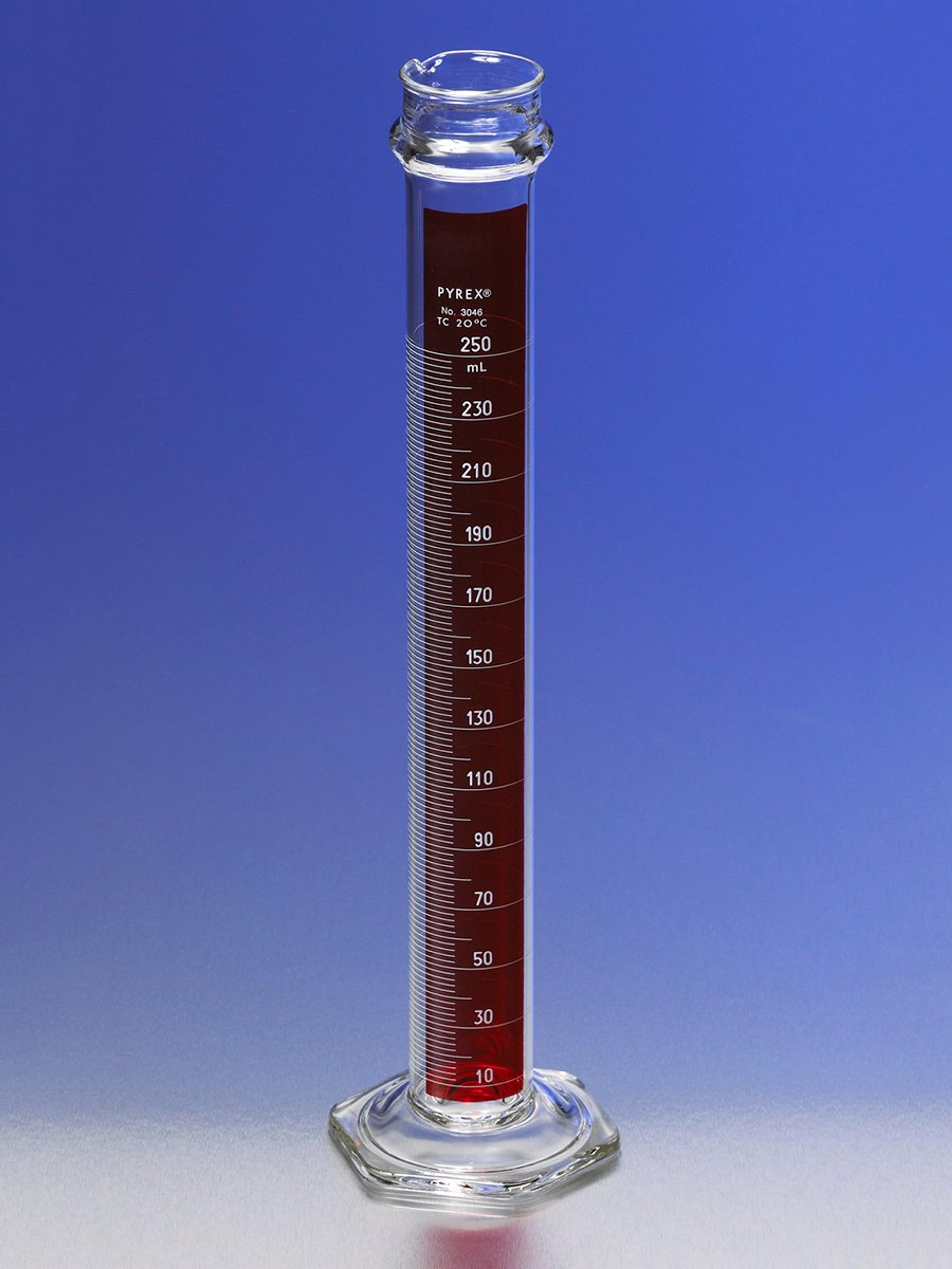 PYREX® 250 mL Single Metric Scale Cylinders, Reinforced Glass Bead, Lifetime Red™, TC - Corning Life Sciences - General Lab