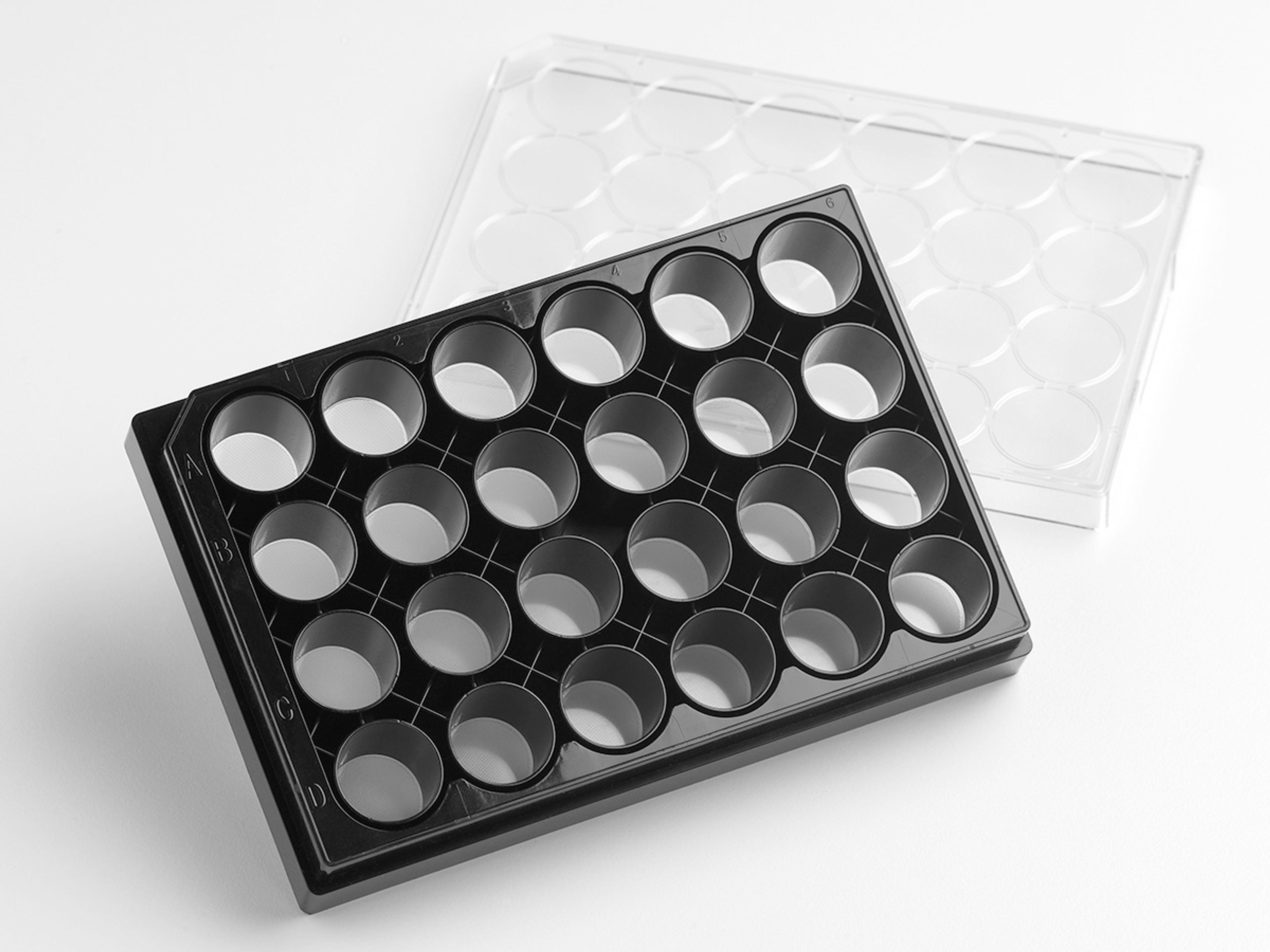 Corning® Elplasia® 24-well Black/Clear, Square, Plasma Treated, Microcavity Plate, with Lid - Corning Life Sciences