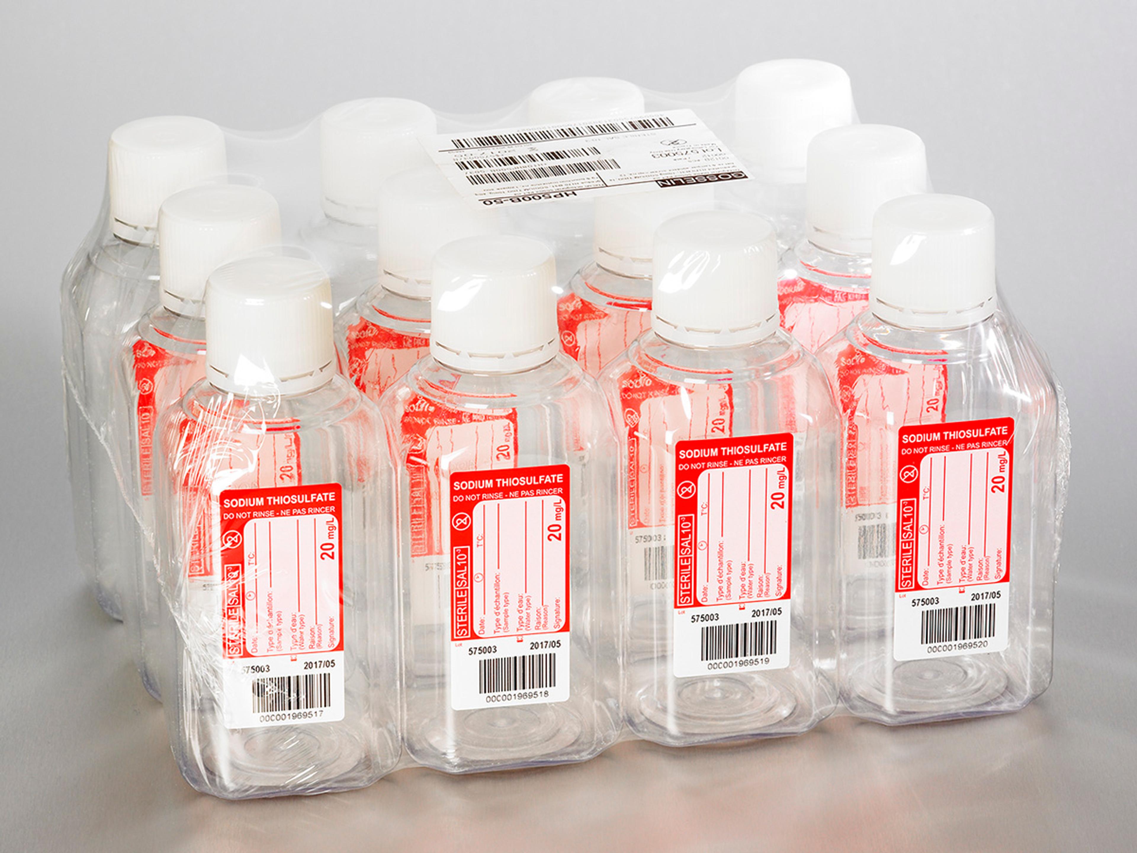 Corning® Gosselin™ Water Sampling Octagonal PET Bottle, 500 mL, Graduated, 20 mg/L Sodium Thiosulfate, 31 mm Tamper-evident Cap, Sterile, 12/Pack, 120/Case - Corning Life Sciences