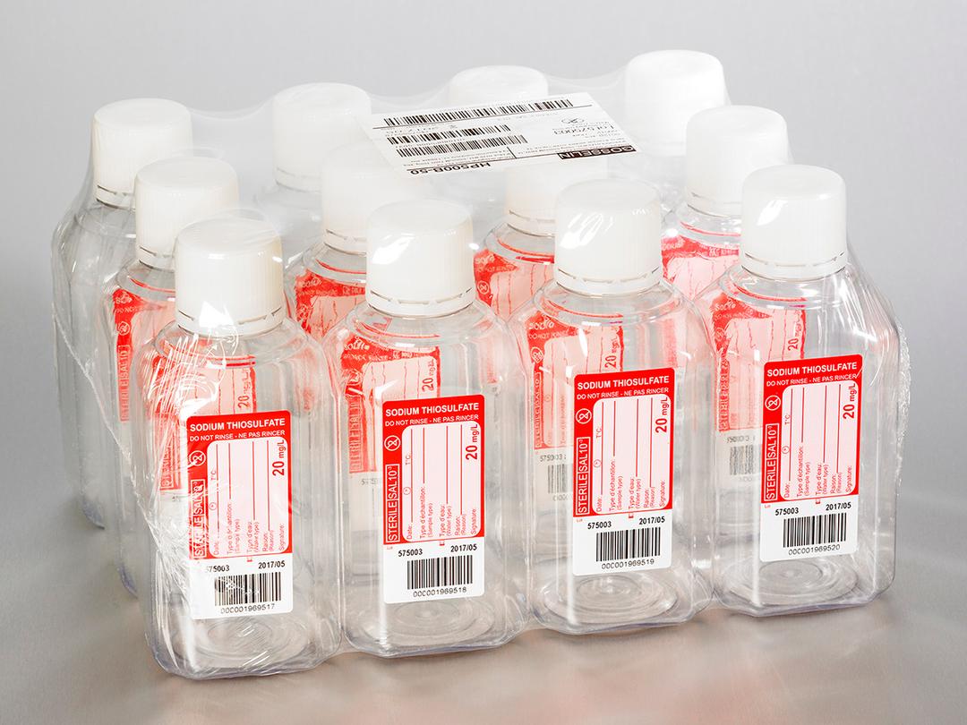 Corning® Gosselin™ Water Sampling Octagonal PET Bottle, 500 mL, Graduated, 20 mg/L Sodium Thiosulfate, 31 mm Tamper-evident Cap, Sterile, 12/Pack, 120/Case - Corning Life Sciences