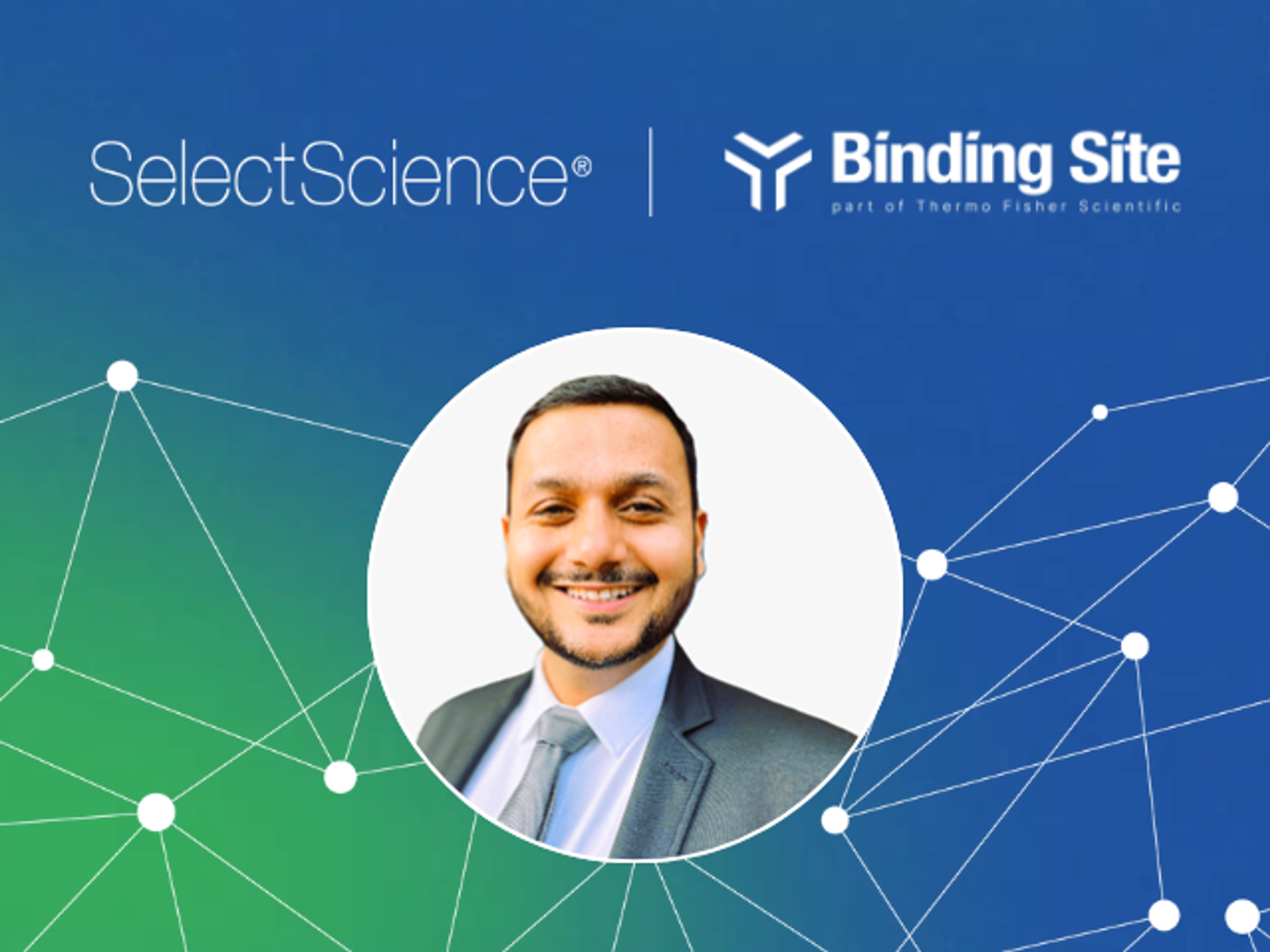 Image of headshot photo of Dr. Bhrugu Yagnik, MS, PhD, SelectScience logo and The Binding Site logo