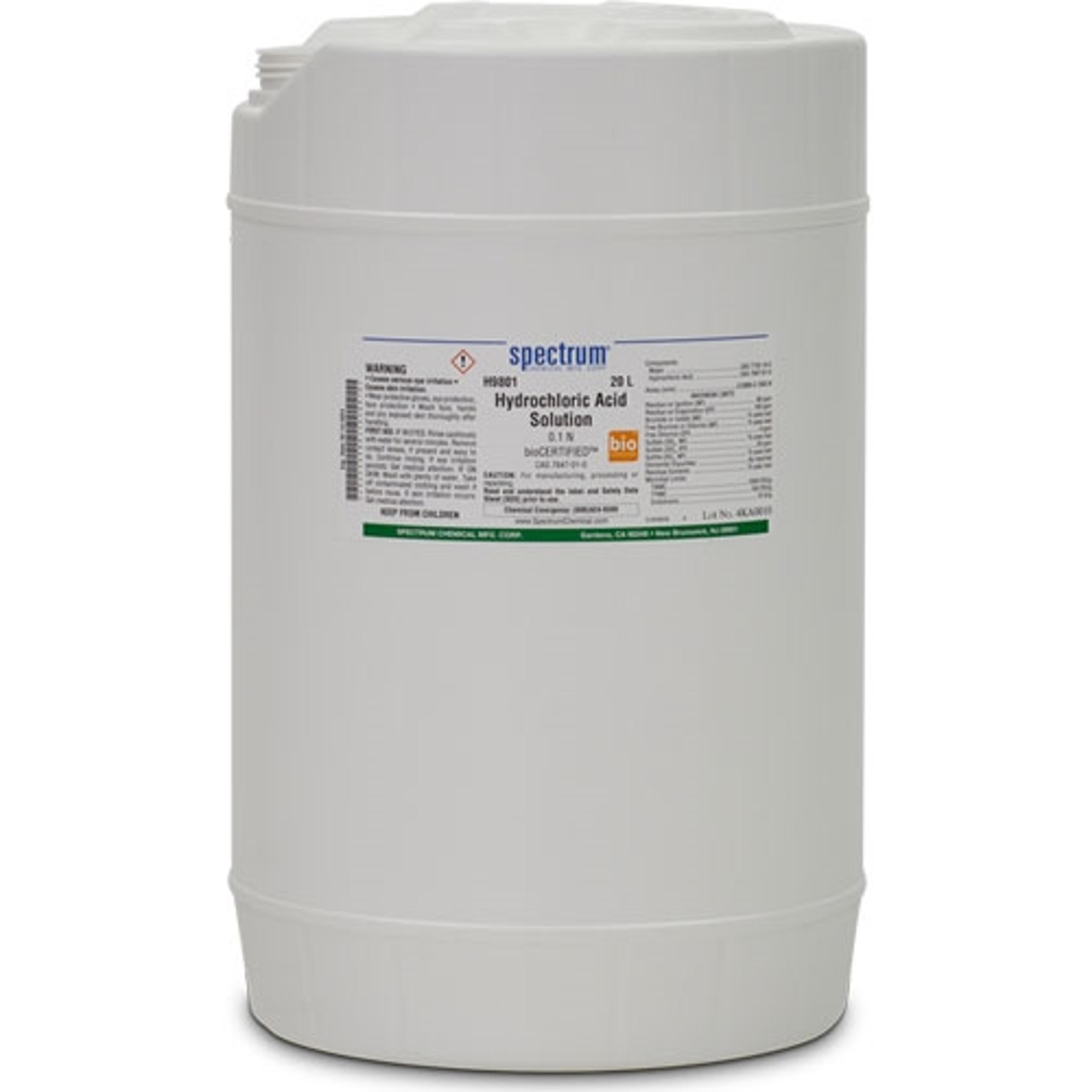 Hydrochloric Acid Solution, cGMP, 0.1 N, bioCERTIFIED™ - Spectrum Chemical - General Lab