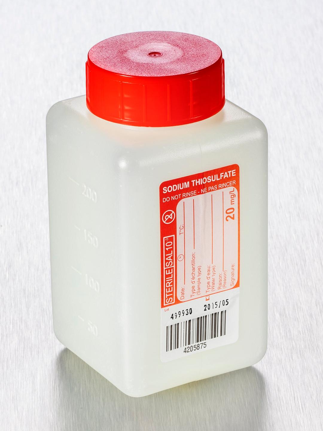 Corning® Gosselin™ Water Sampling Square HDPE Bottle, 250 mL, Graduated, 20 mg/L Sodium Thiosulfate, 37 mm Red Cap with Wad, Sterile, 1/Bag, 182/Case - Corning Life Sciences