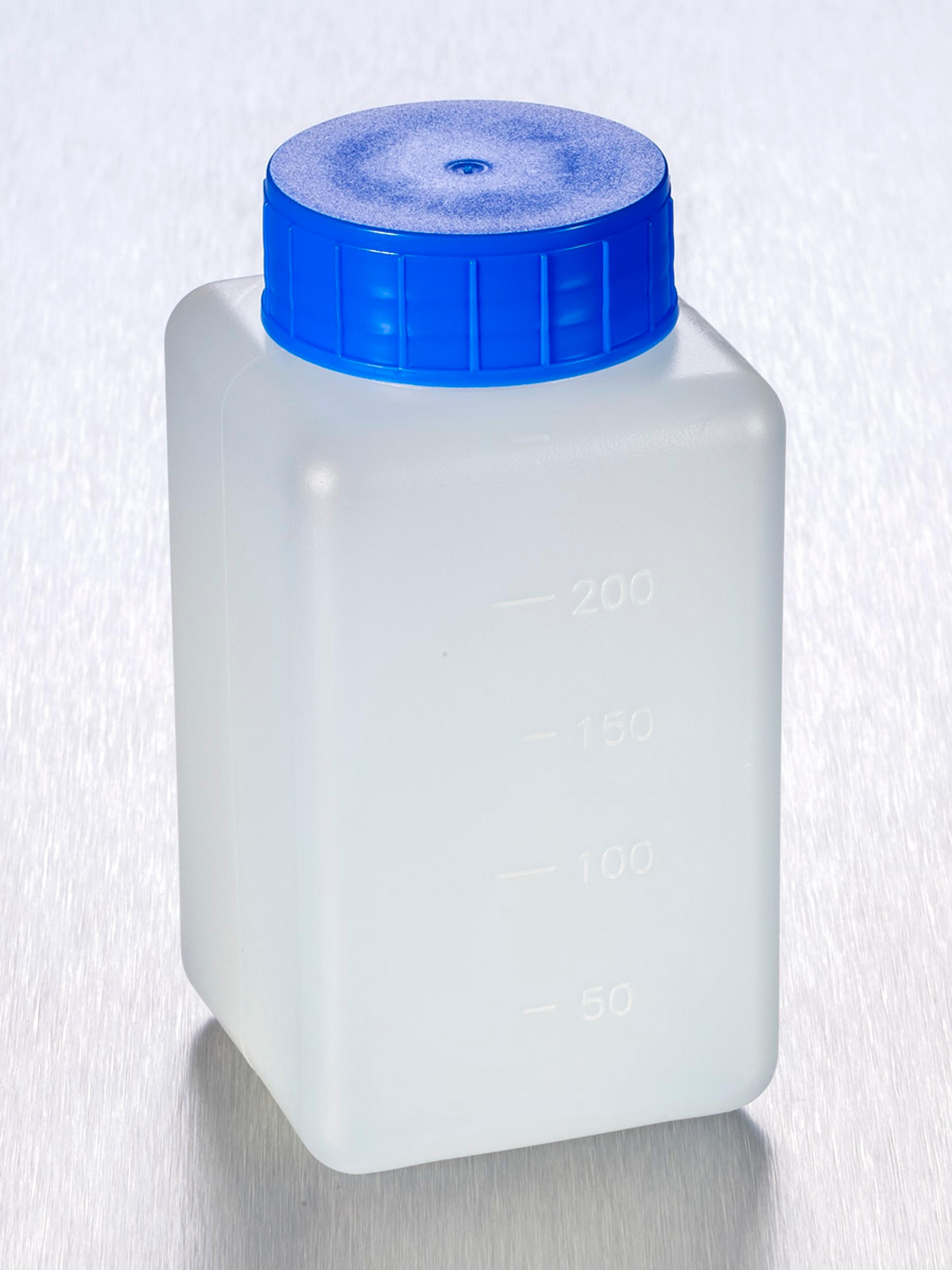 Corning® Gosselin™ Square HDPE Bottle, 250 mL, Graduated, 37 mm Blue Cap with Seal, Assembled, Sterile, 210/Case - Corning Life Sciences