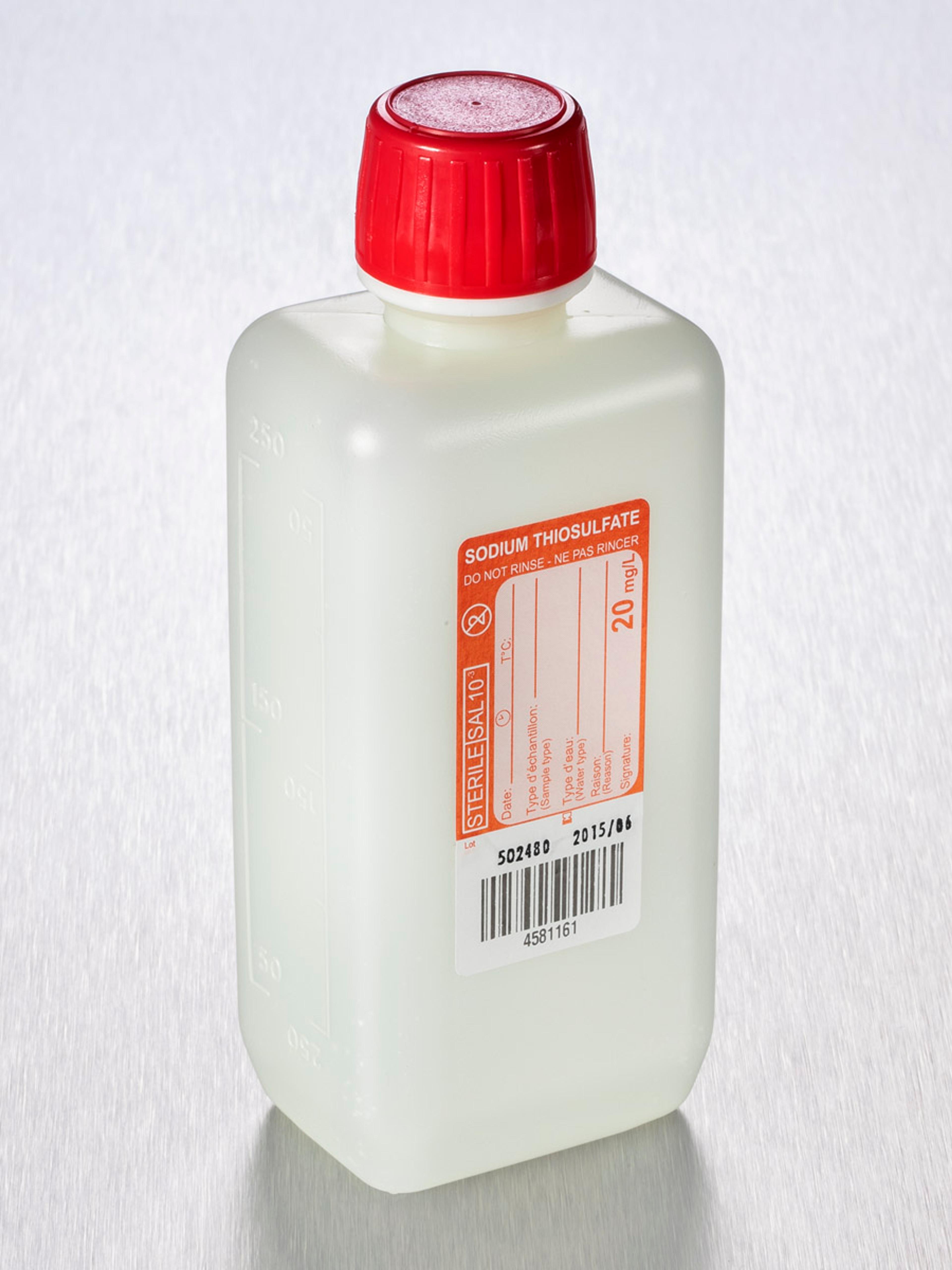 Corning® Gosselin™ Water Sampling Rectangular HDPE Bottle, 250 mL, Graduated, 20 mg/L Sodium Thiosulfate, 20 mm Red Tamper-evident Cap, Sterile, 312/Case - Corning Life Sciences
