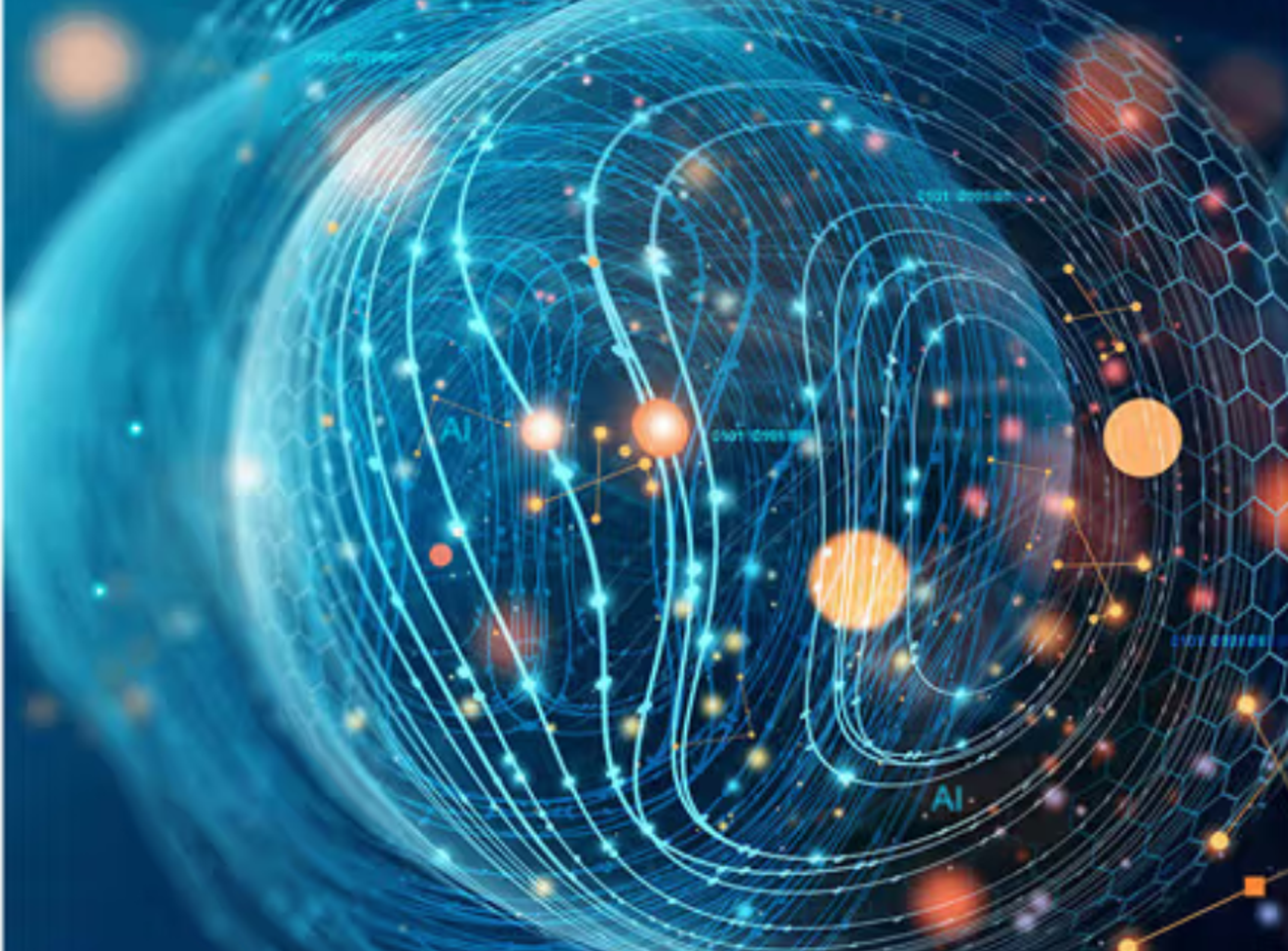 Abstract image of swirly blue lines and yellow dots to represent AI