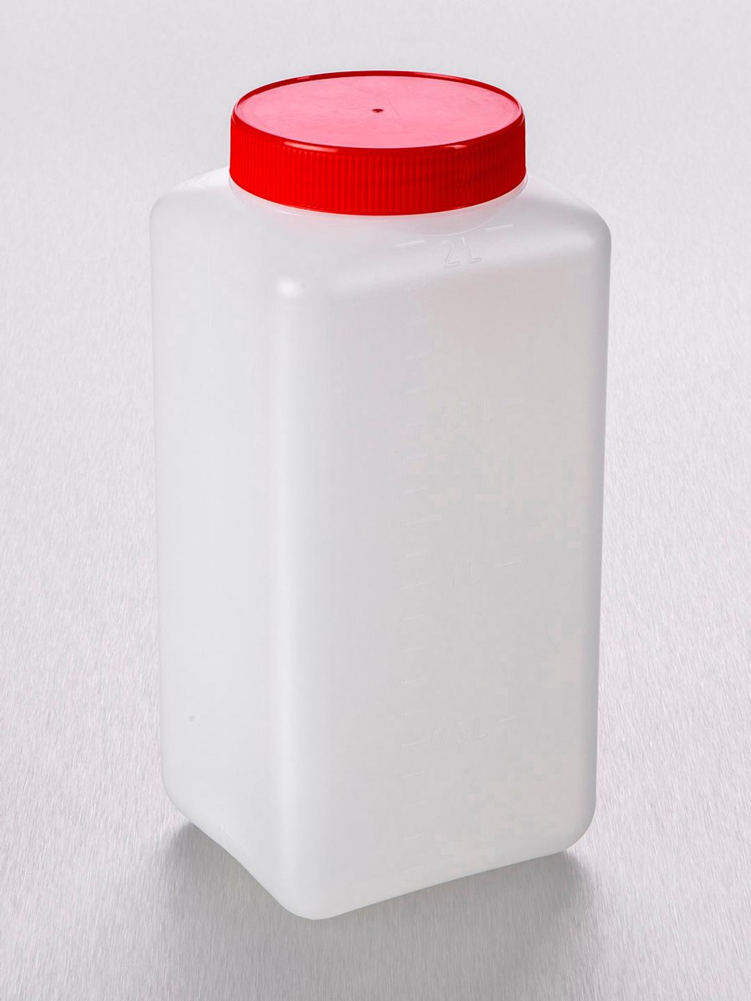 Corning® Gosselin™ Square HDPE Bottle, 2 L, Graduated, 73 mm Red Cap with Wad, Assembled, 50/Case - Corning Life Sciences