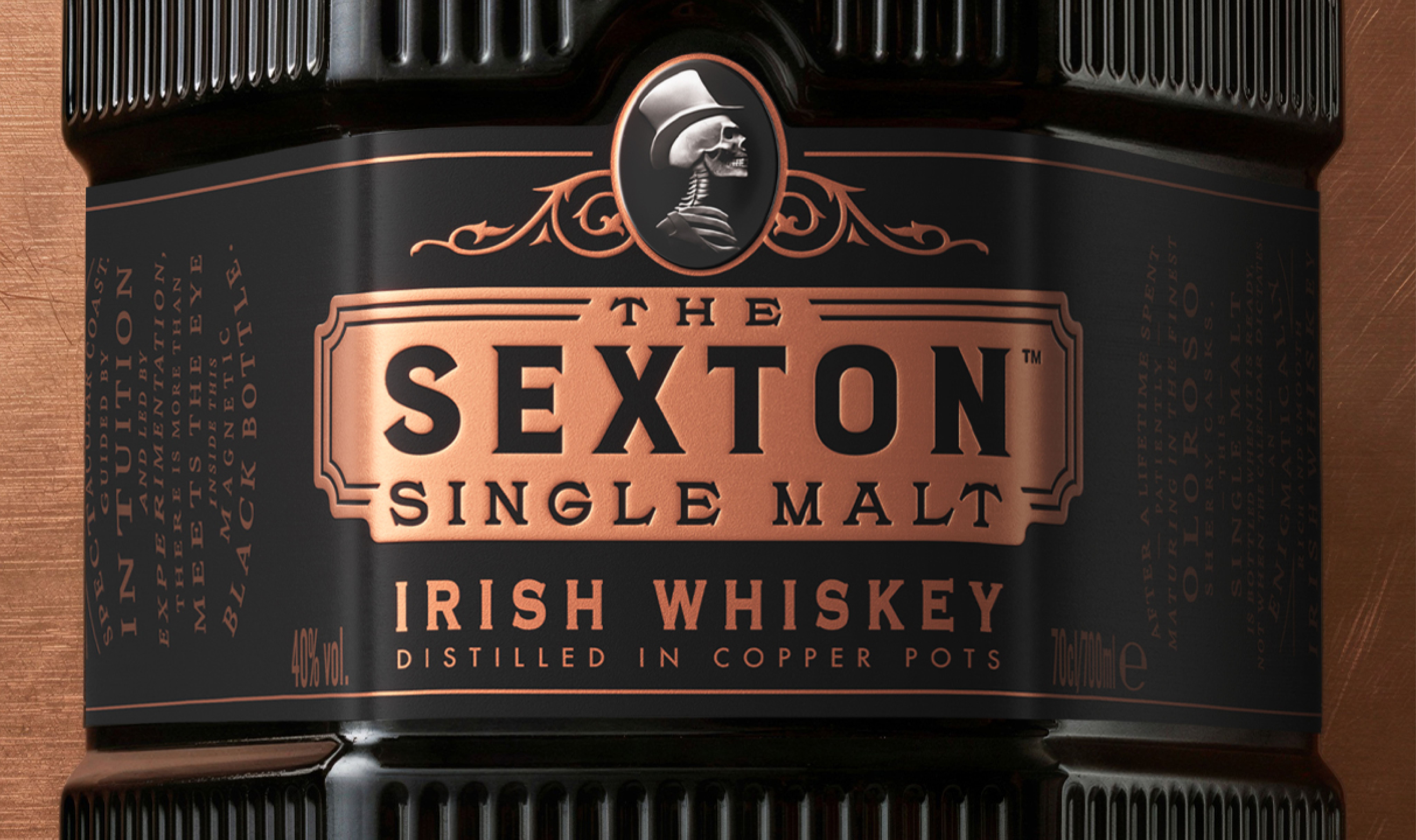 Sexton bottle etiquette tag close up