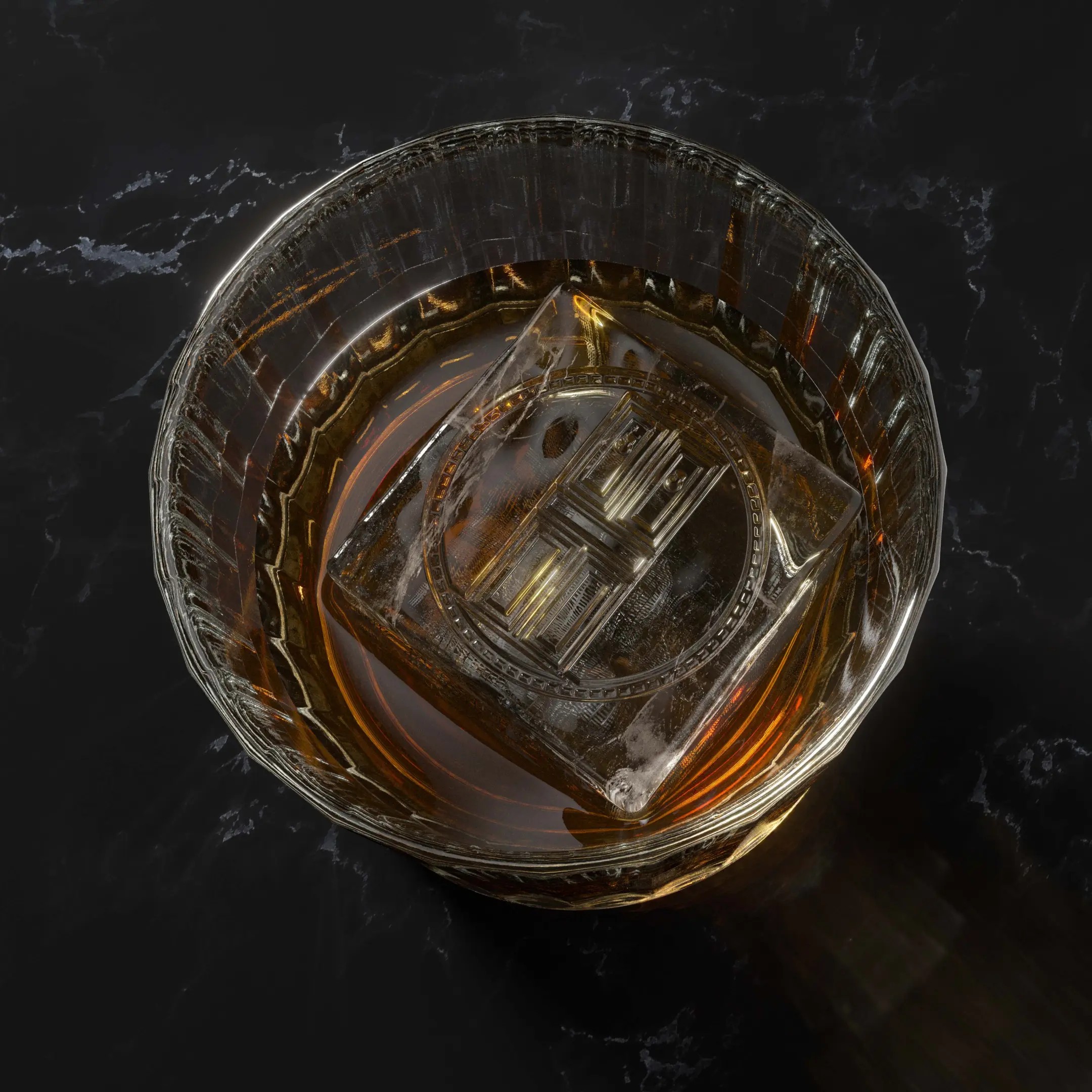 Whiskey in glass with Porte Noire logo
