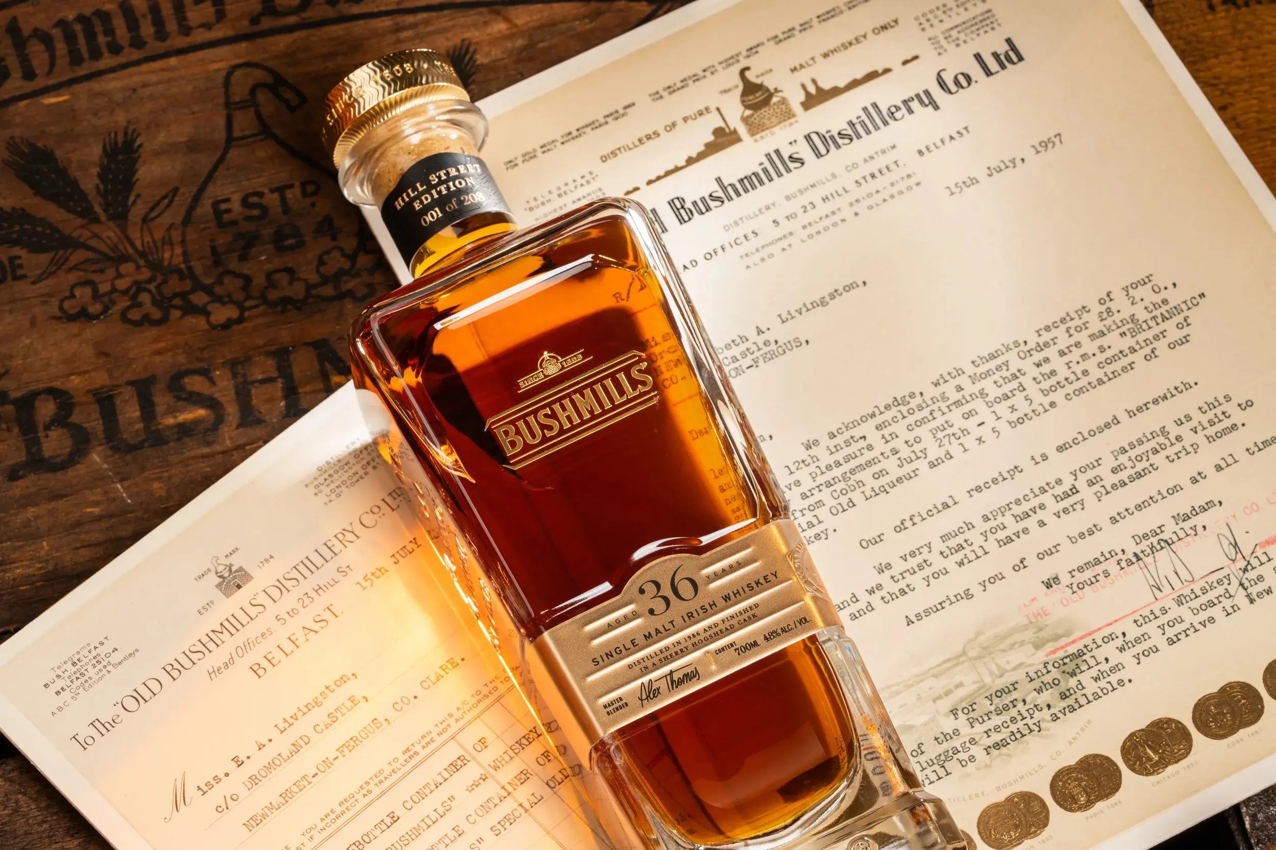 Bushmills bottle on certificates