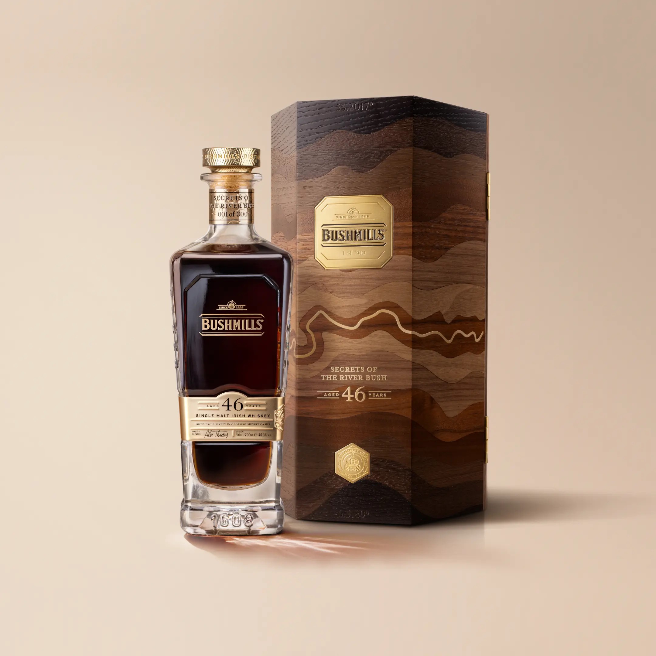 Bushmills 46YO, bottle, case, design