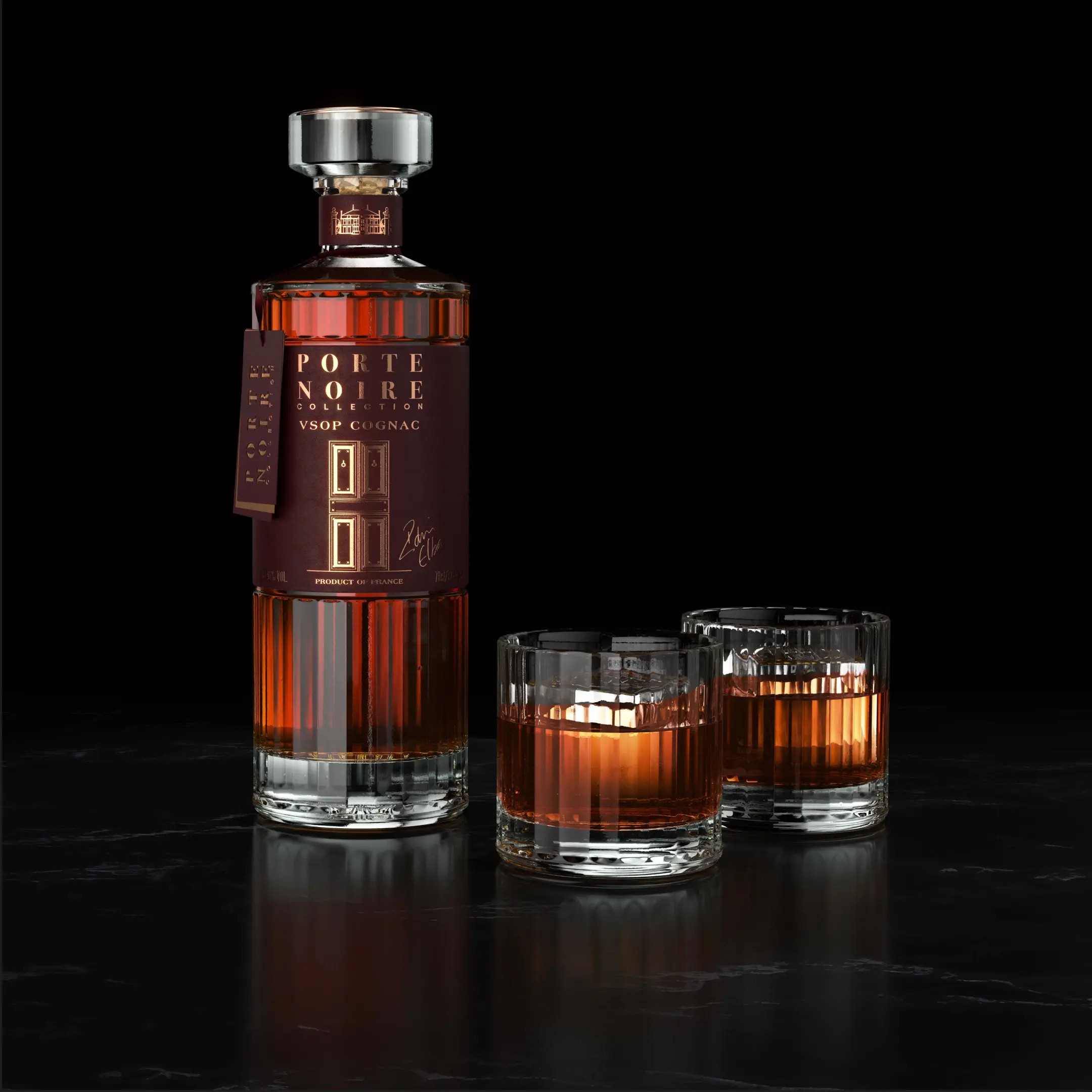 Porte Noire bottle with two glasses of whiskey