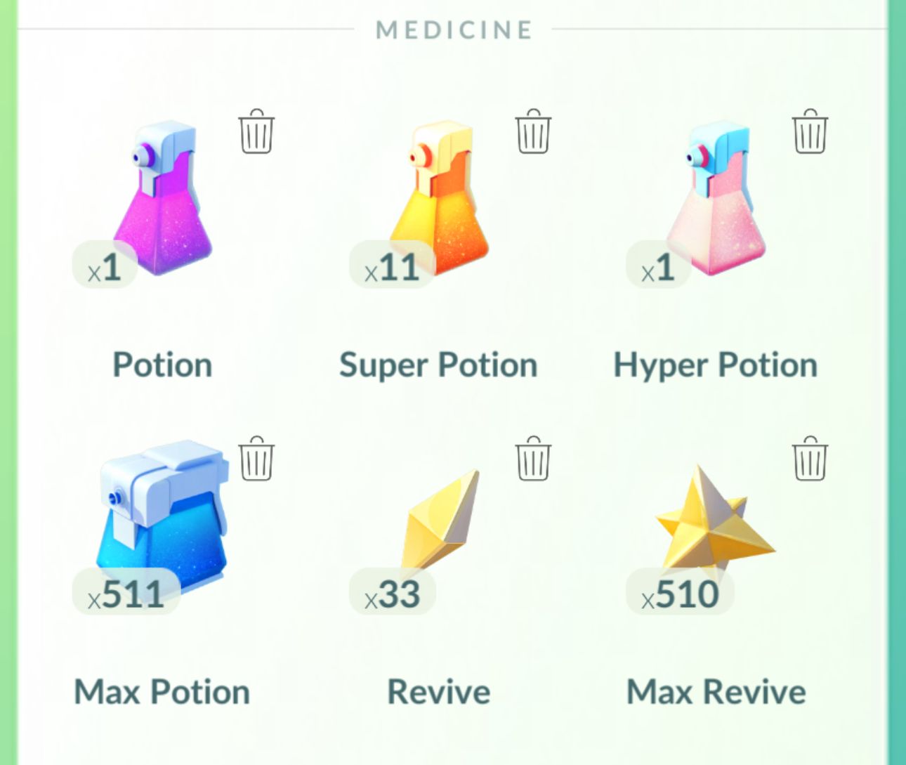 The medicine section of the Pokémon GO inventory.