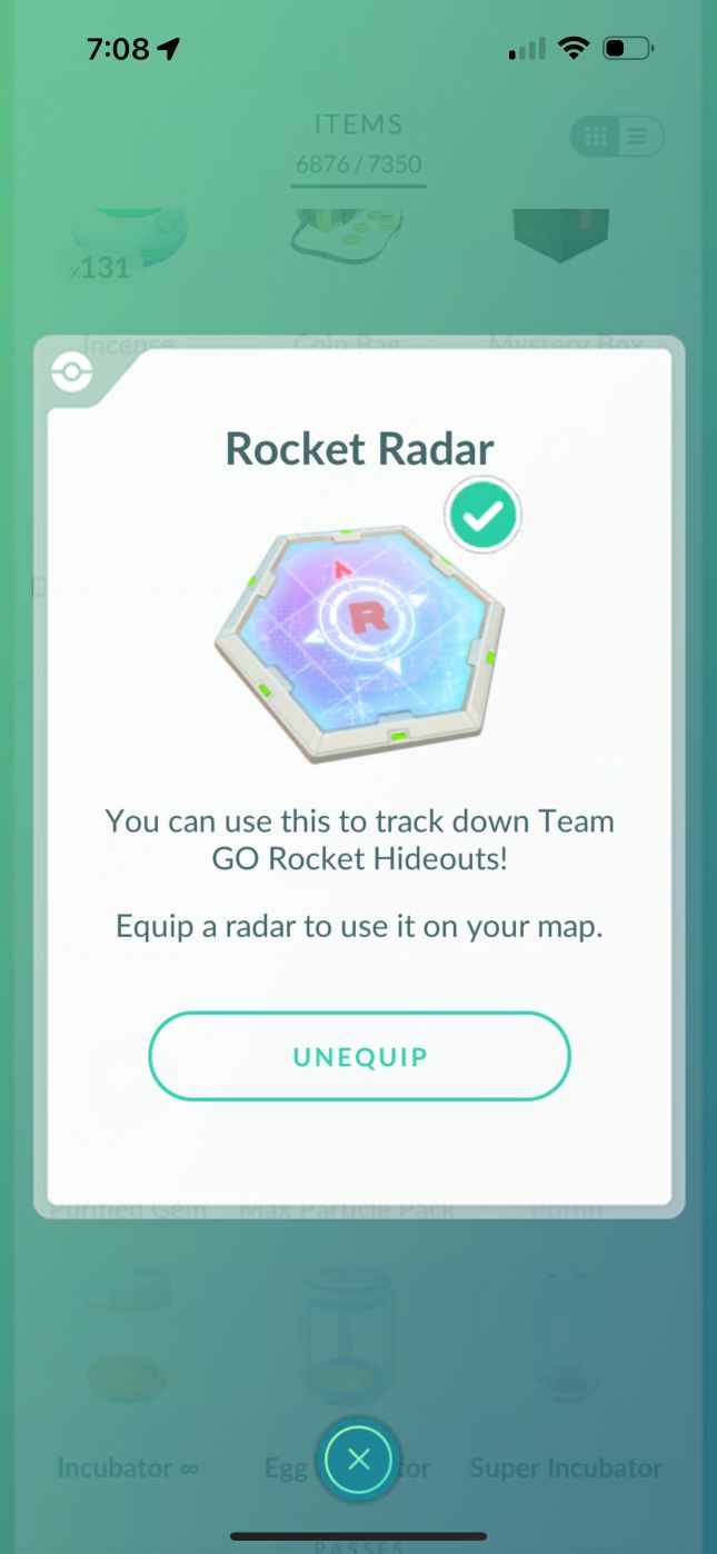 A Rocket Radar can be unequipped by tapping on it in your inventory.