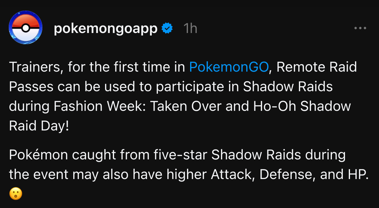 A post by @pokemongoapp on Threads announcing the debut of remote shadow raids.