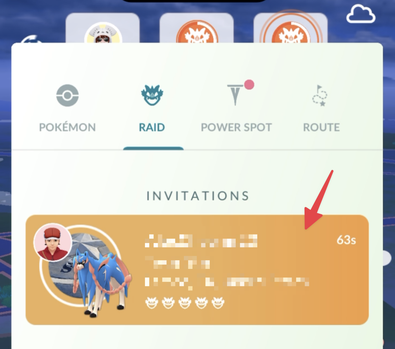 Incoming remote raid invite in Pokémon GO