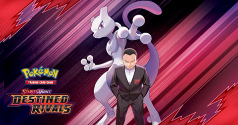 Pokémon TCG: Scarlet & Violet—Destined Rivals key art with Giovanni and Mewtwo