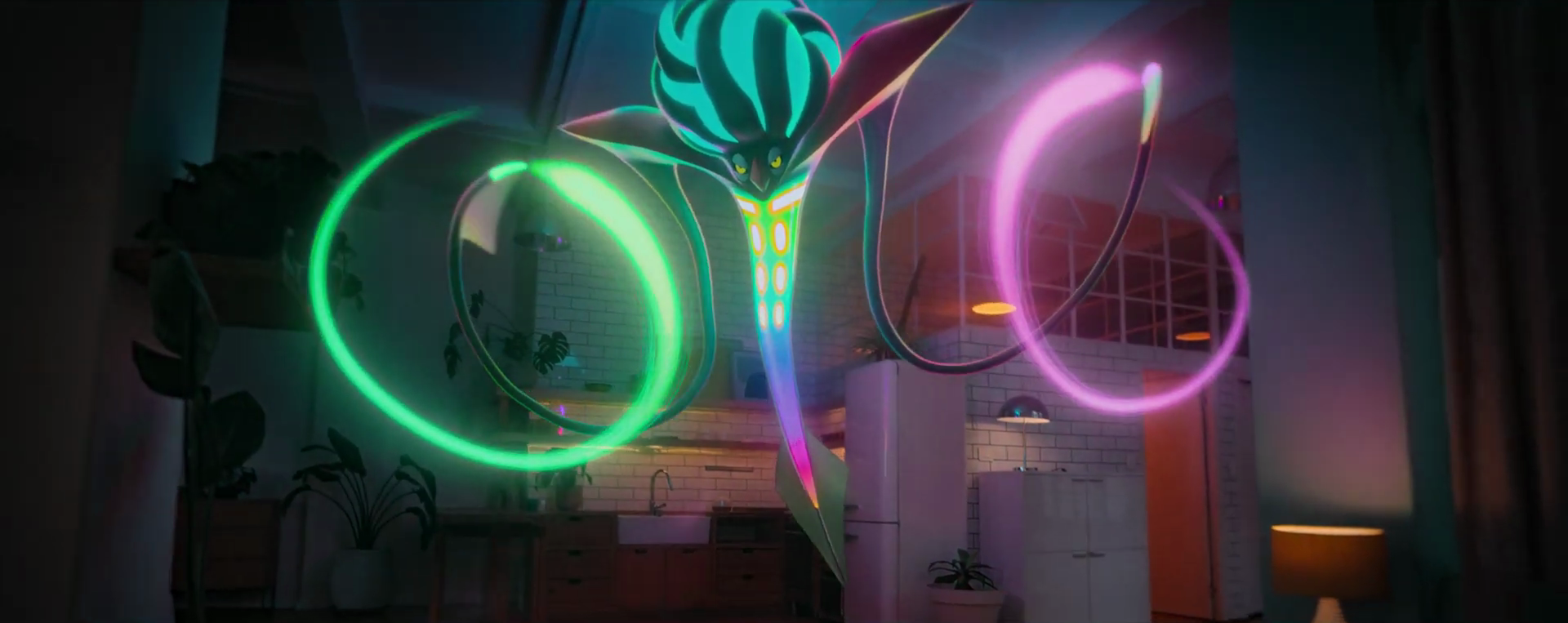 Mega Malamar spinning its green and pink glowing tendrils.