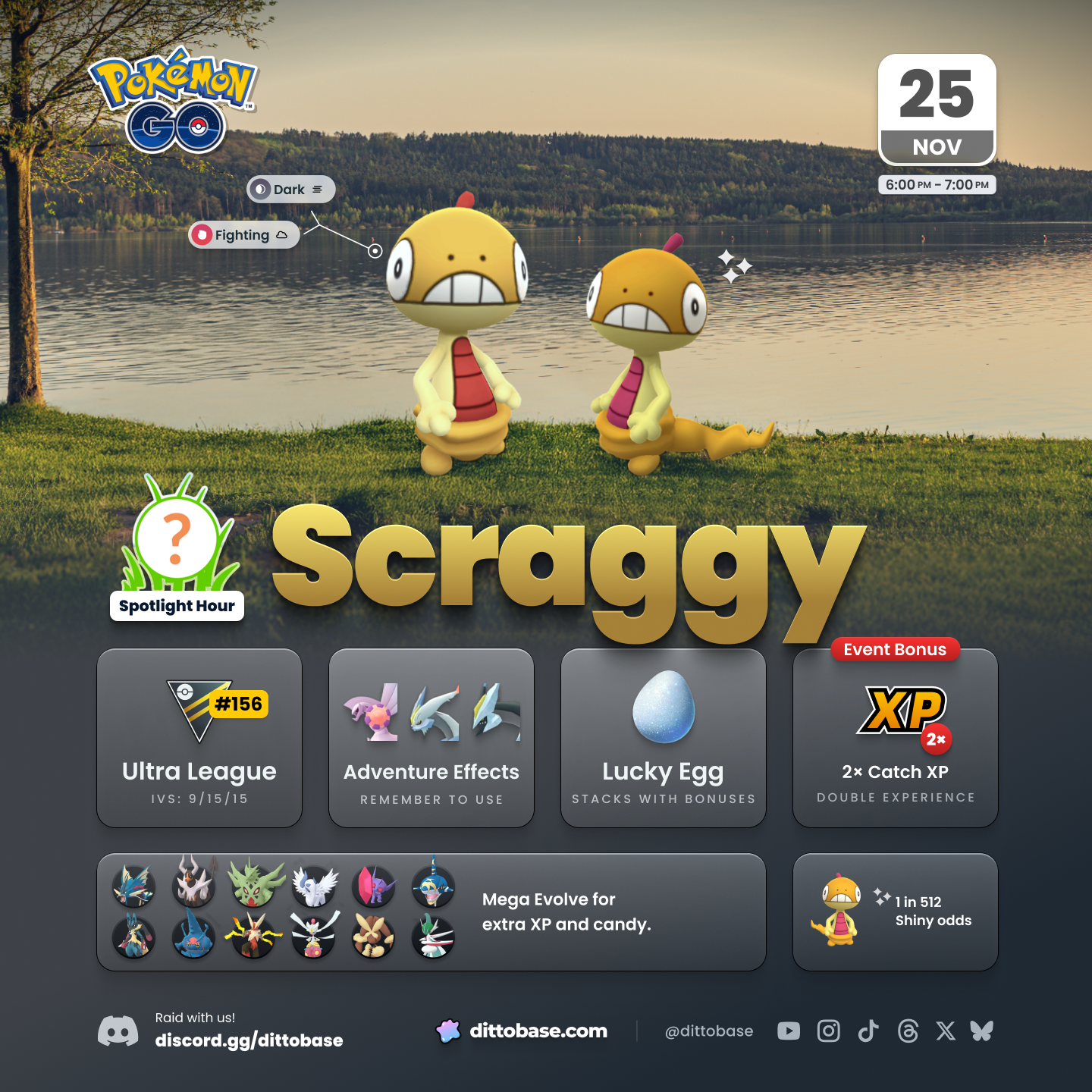 Scraggy Spotlight Hour with double catch XP on November 25th, 2025 in Pokémon GO.