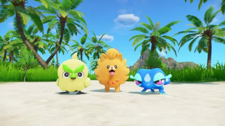 Browt, Pombon and Gecqua on a beach in Pokémon Winds and Pokémon Waves