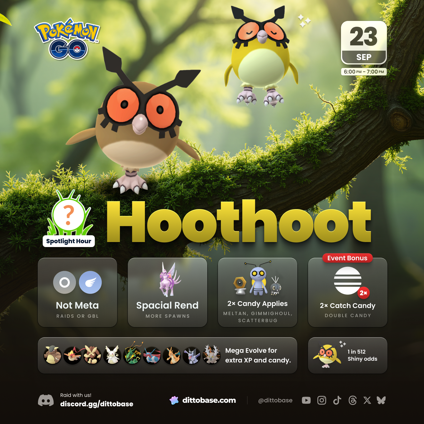 Hoothoot Spotlight Hour in Pokémon GO taking place on Tuesday, September 23rd from 6:00 to 7:00 pm local time with double catch candy.