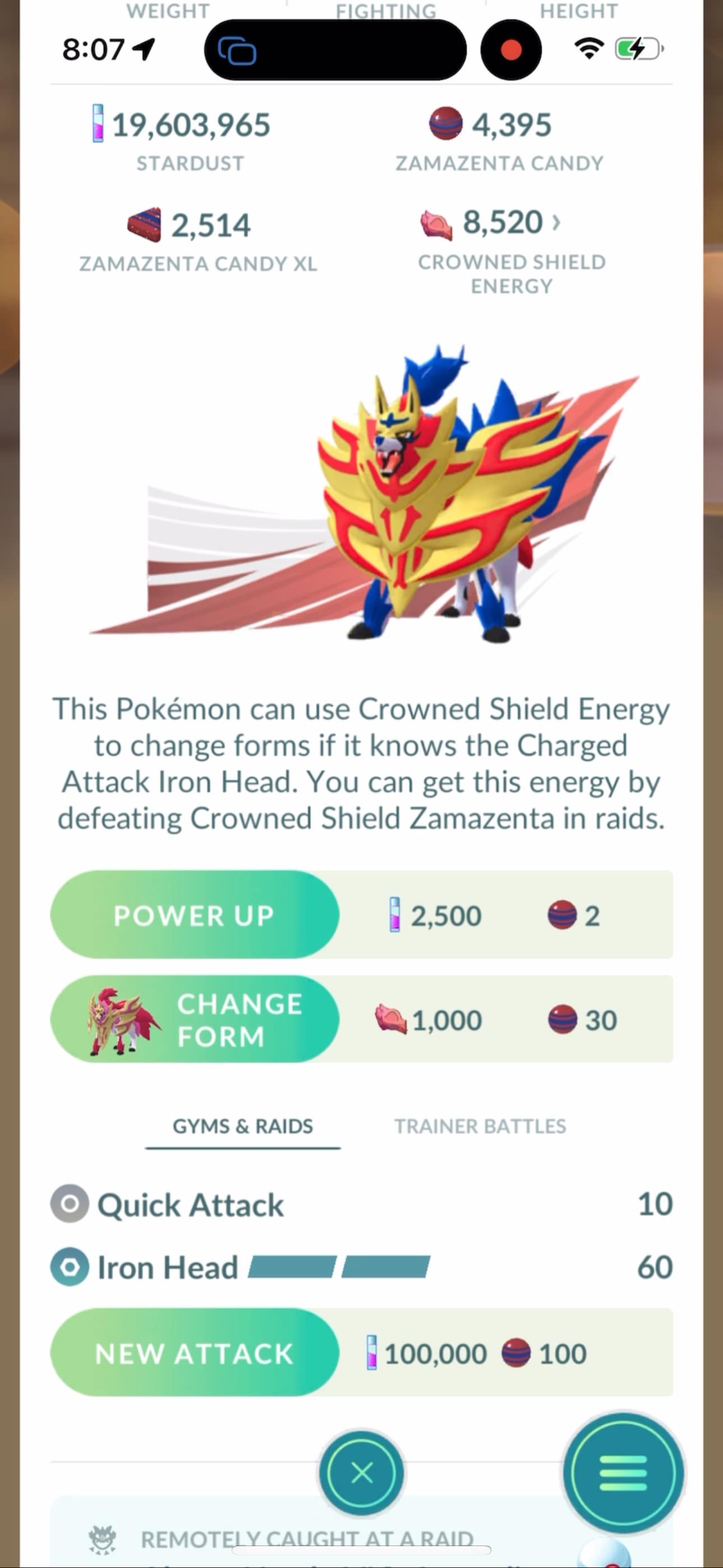 Changing Zamazenta into its Crowned Shield Form costs 1,000 Crowned Shield Energy