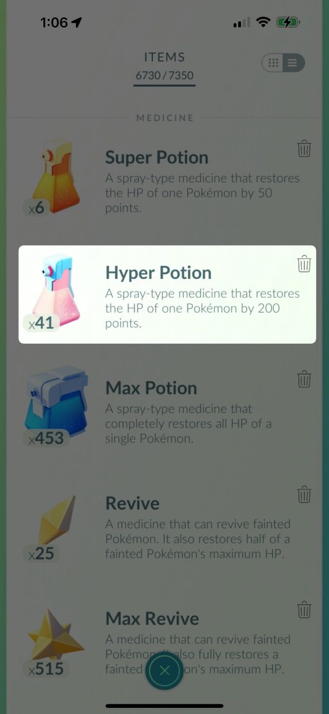 Hyper Potion in the Pokémon GO Inventory