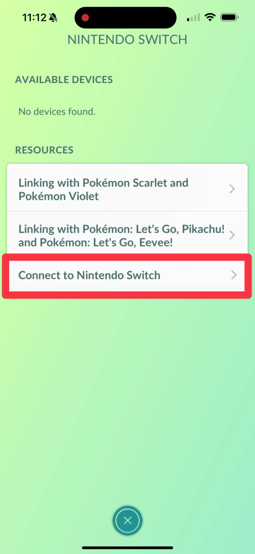 Tap "Connect to Nintendo Switch"