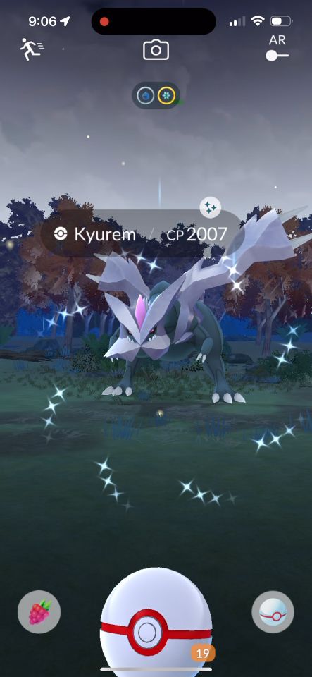 A Premiere Ball being used to catch a Shiny Kyurem in Pokémon GO