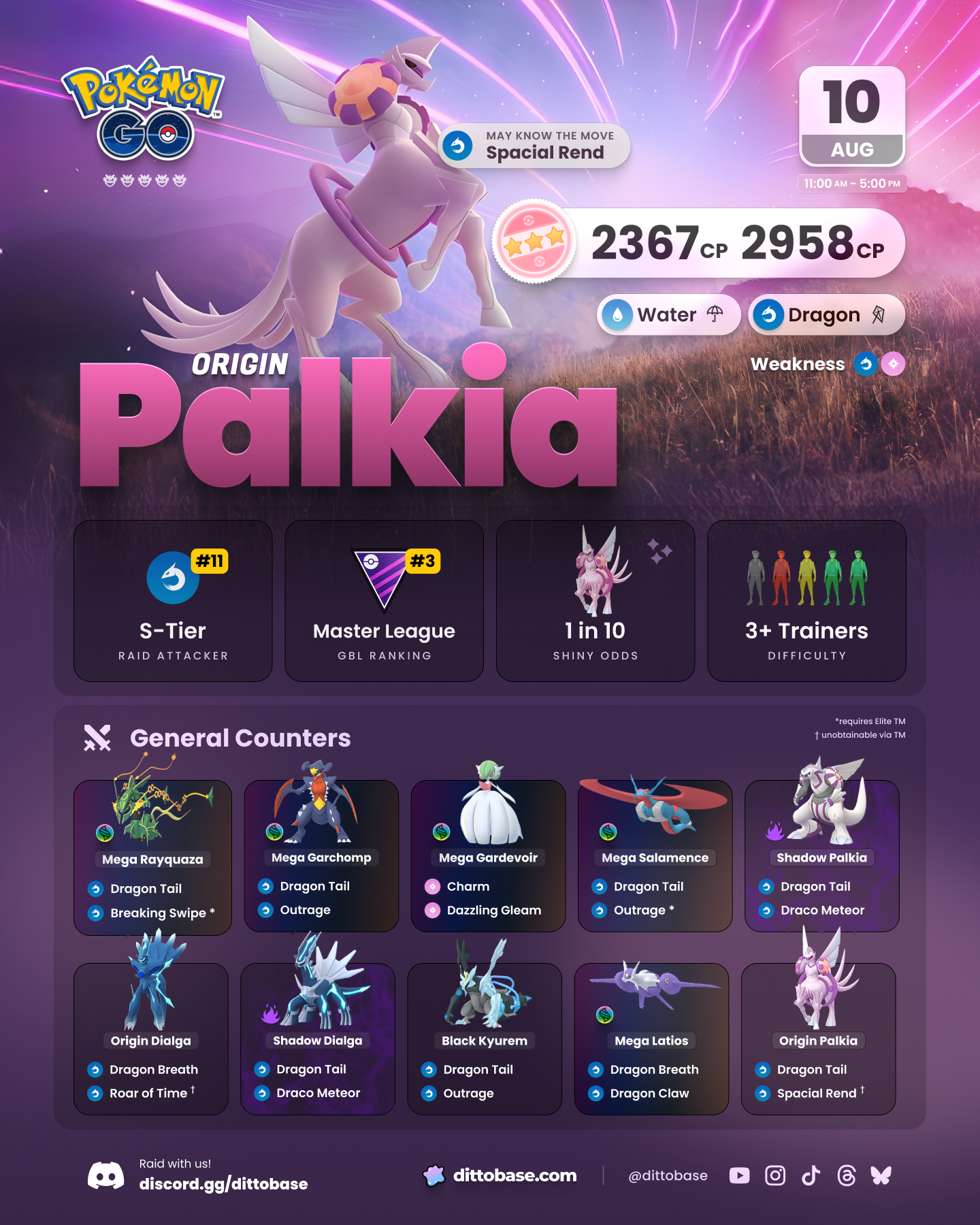 Origin Palkia will be in raids during the Ultra Unlock: Origin Raid day in Pokémon GO taking place on August 10th, 2025 from 11:00am - 5:00pm local time.