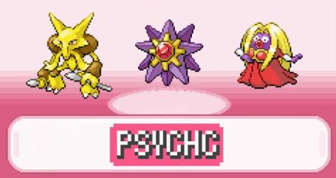 Alakazam, Starmie, and Jynx sprites from Pokémon FireRed and LeafGreen above a Psychic type label